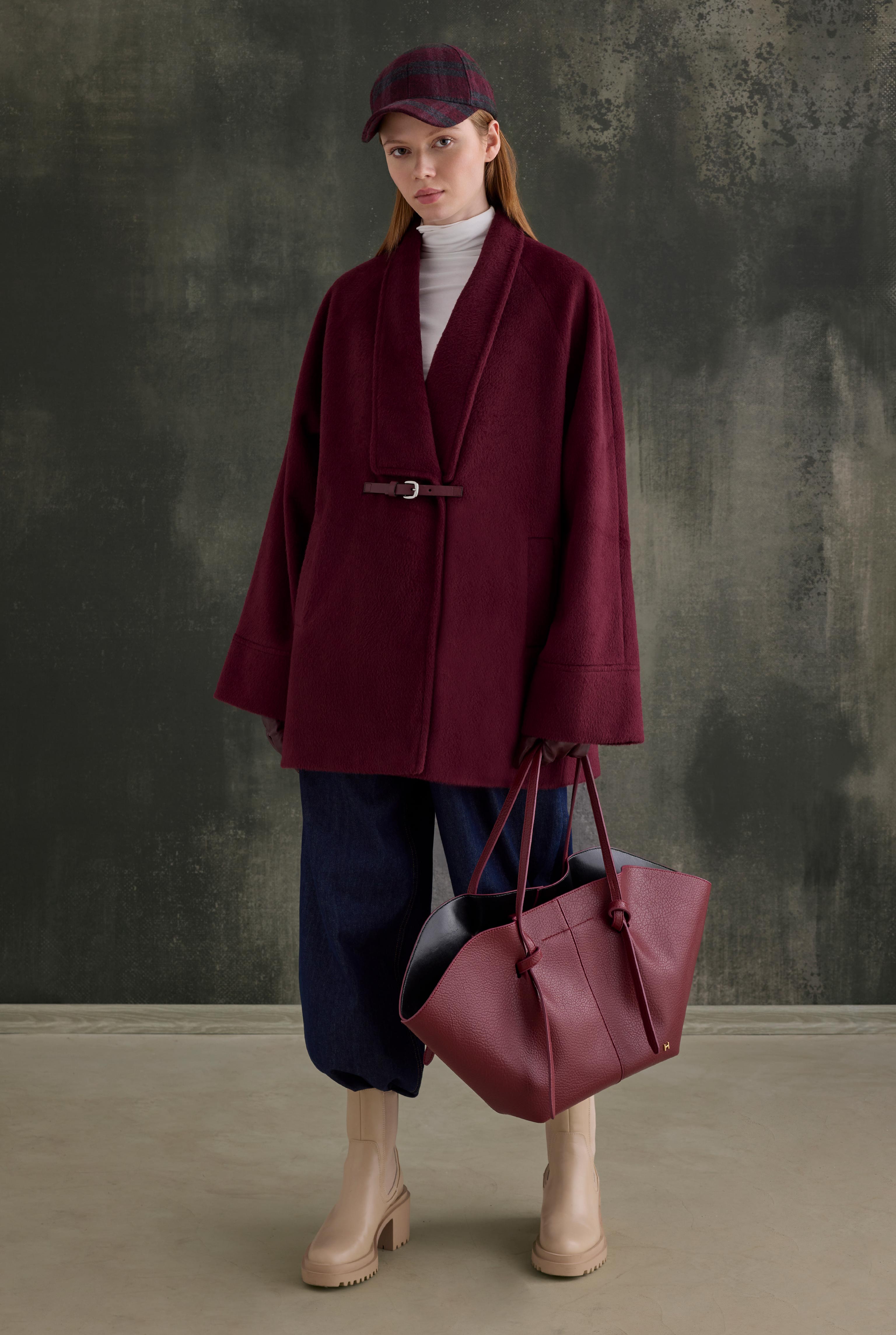 Belt Detailed Coat Bordeaux - HE-QA