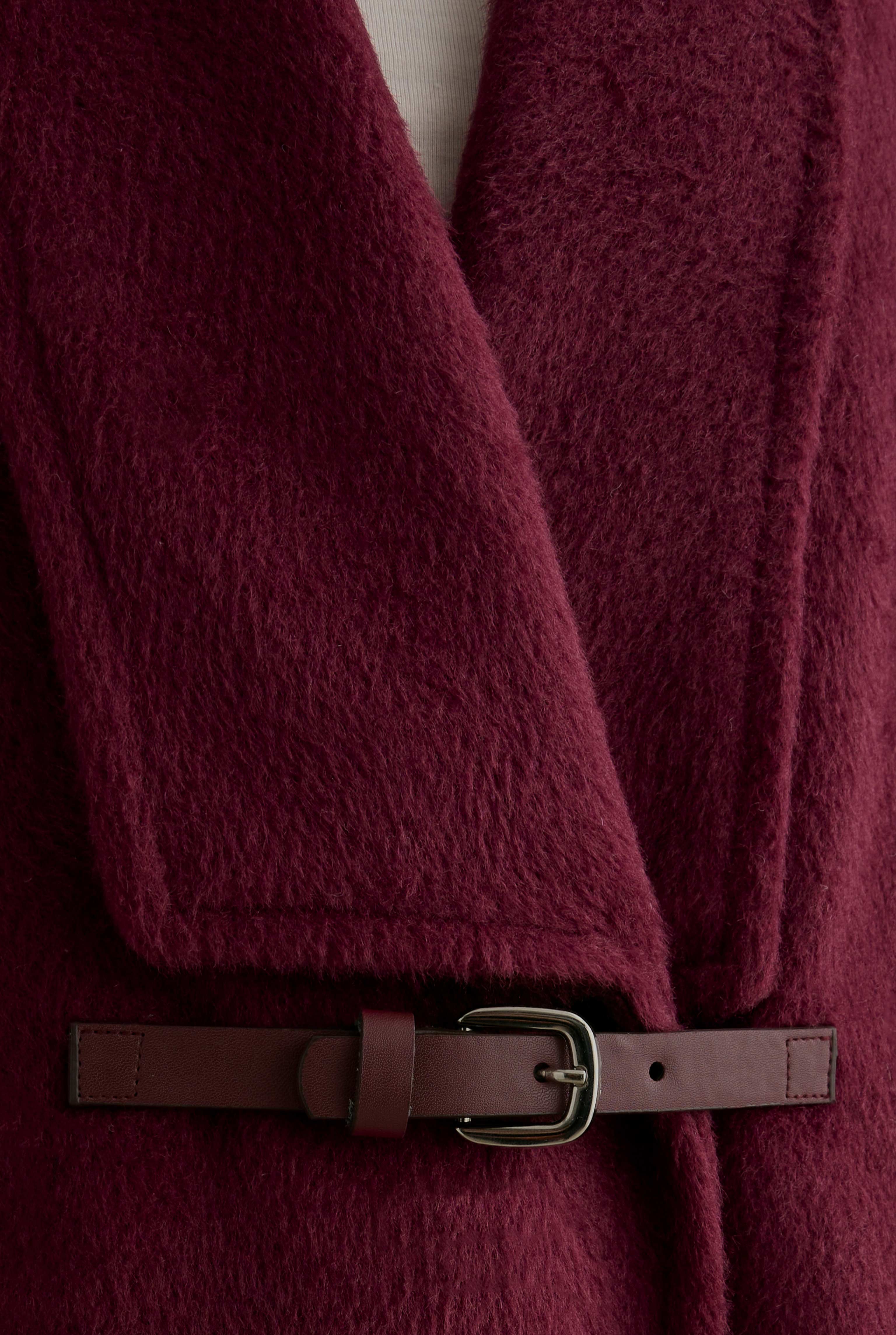 Belt Detailed Coat Bordeaux - 5
