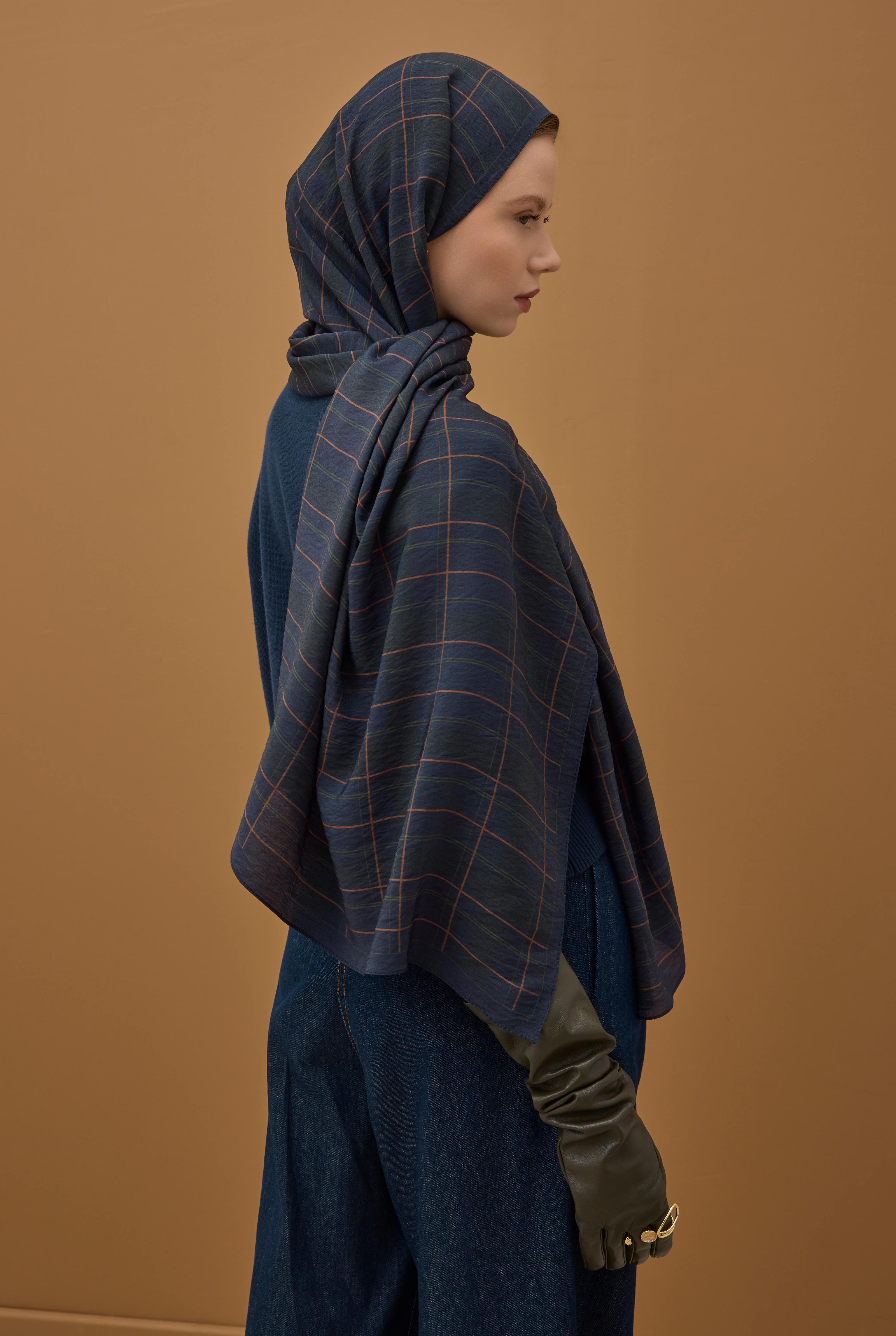 Riva Plaid Shawl Dark Navy Blue - 6