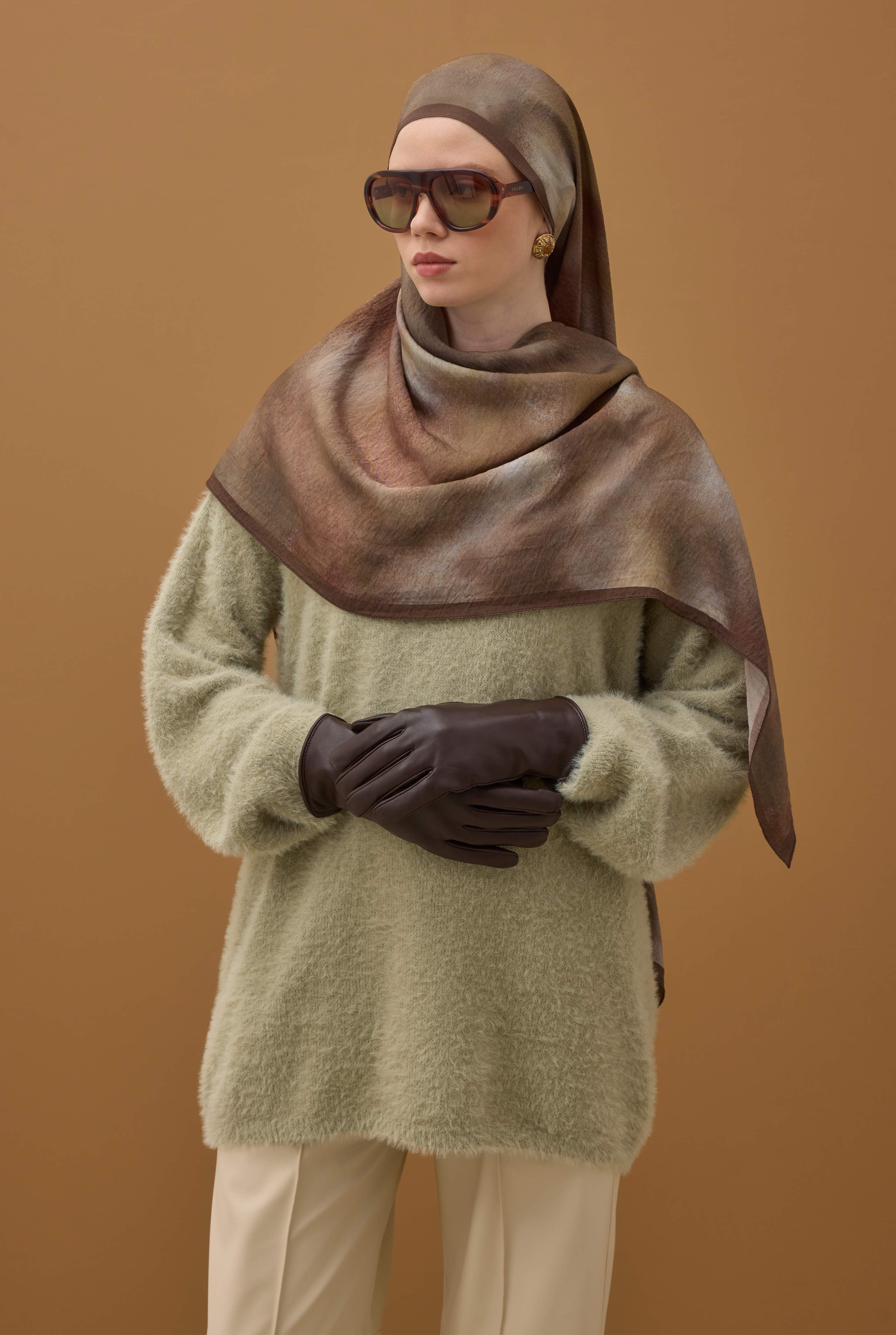Aural Patterned Shawl Light Brown - 5