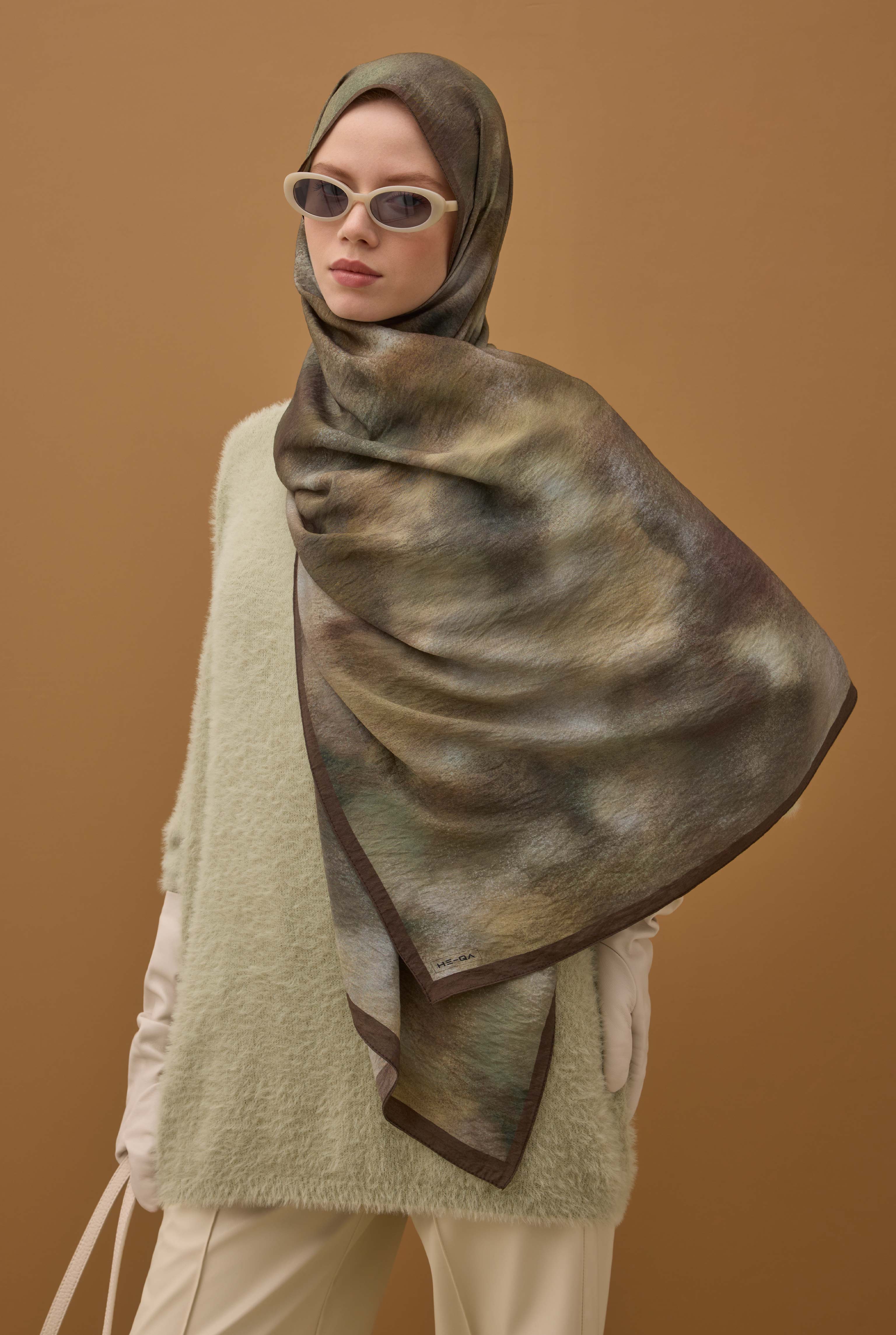 Aural Patterned Shawl Dark Sage Green - 2
