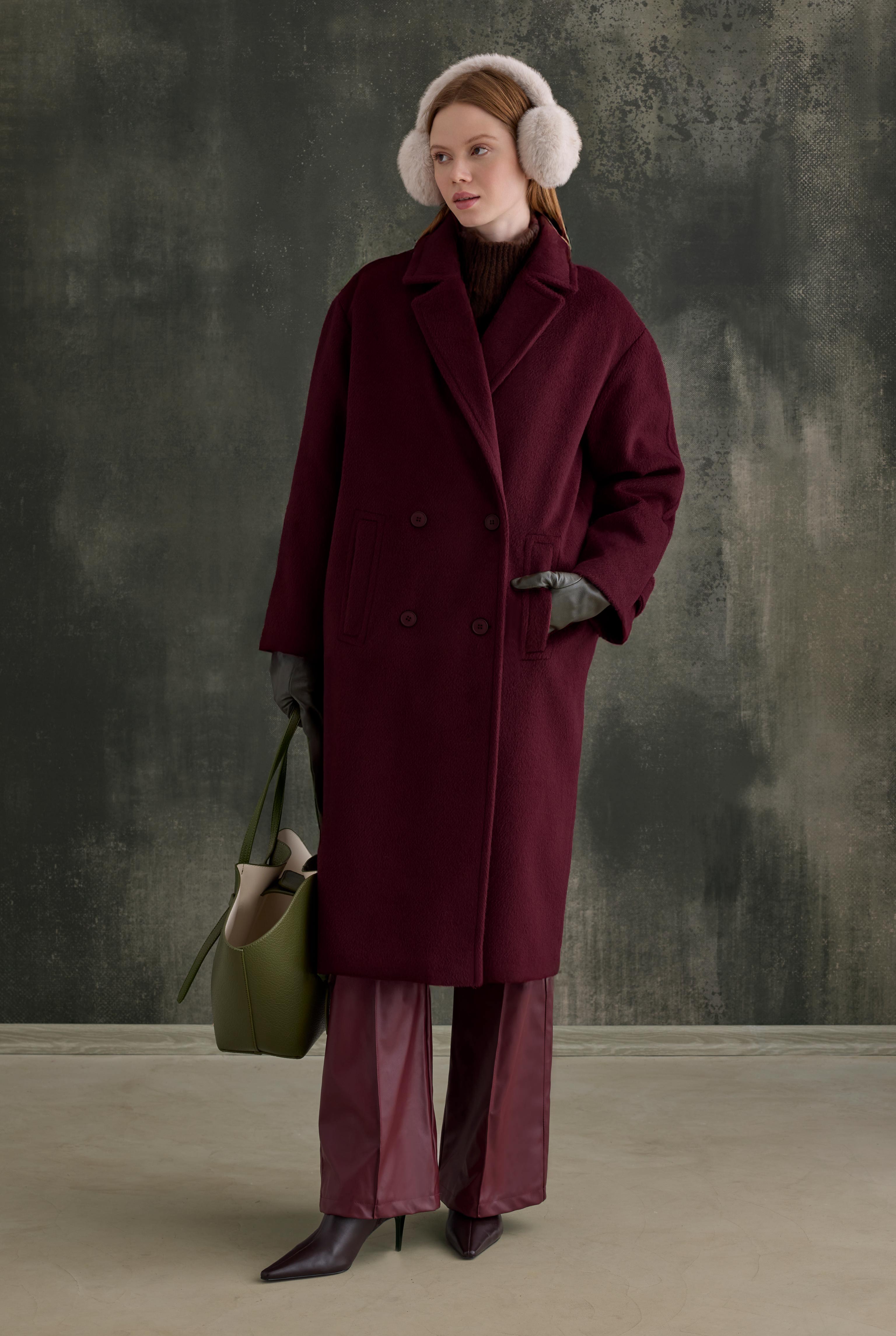 Double-Breasted Long Coat Bordeaux - 5