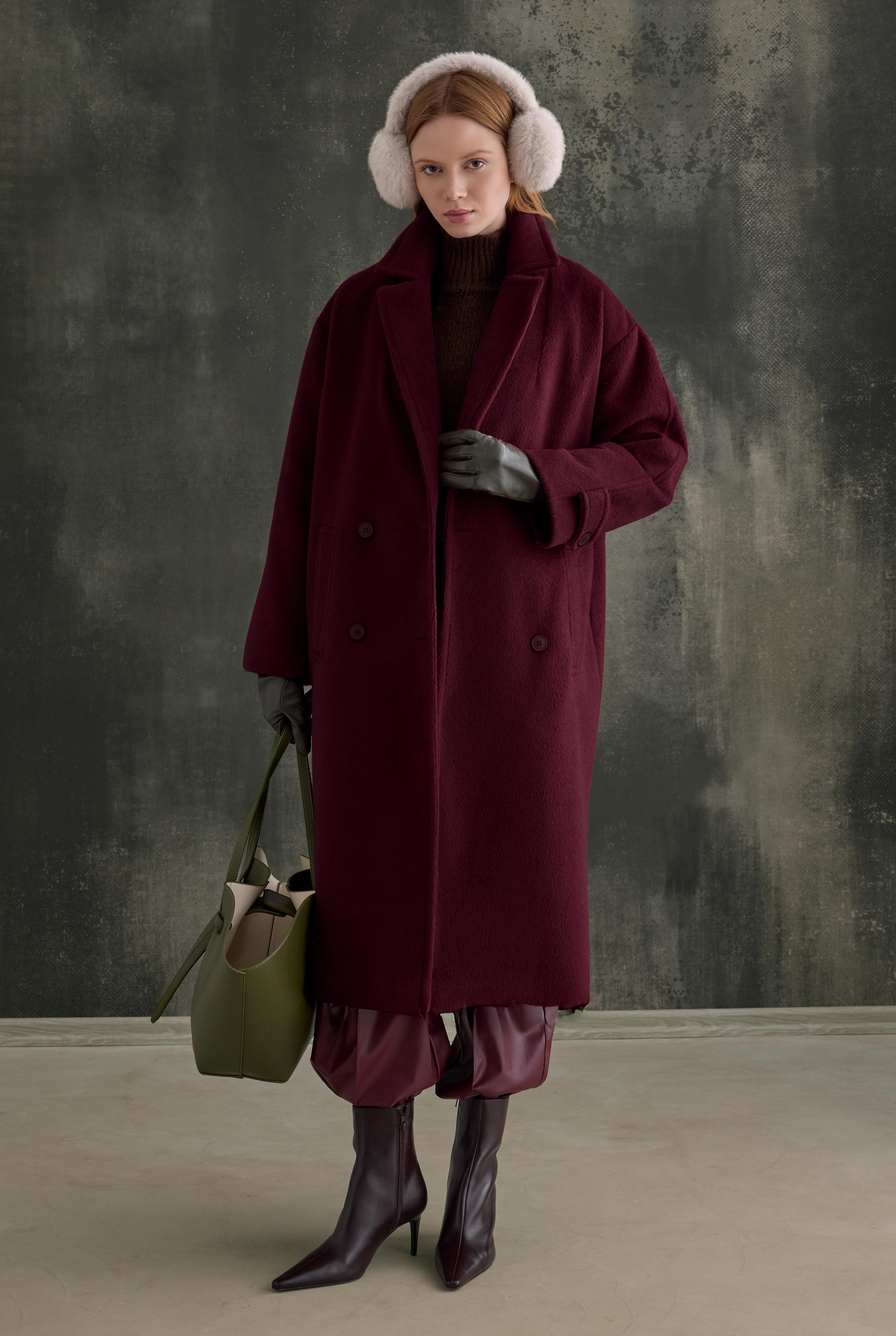 Double-Breasted Long Coat Bordeaux - 1