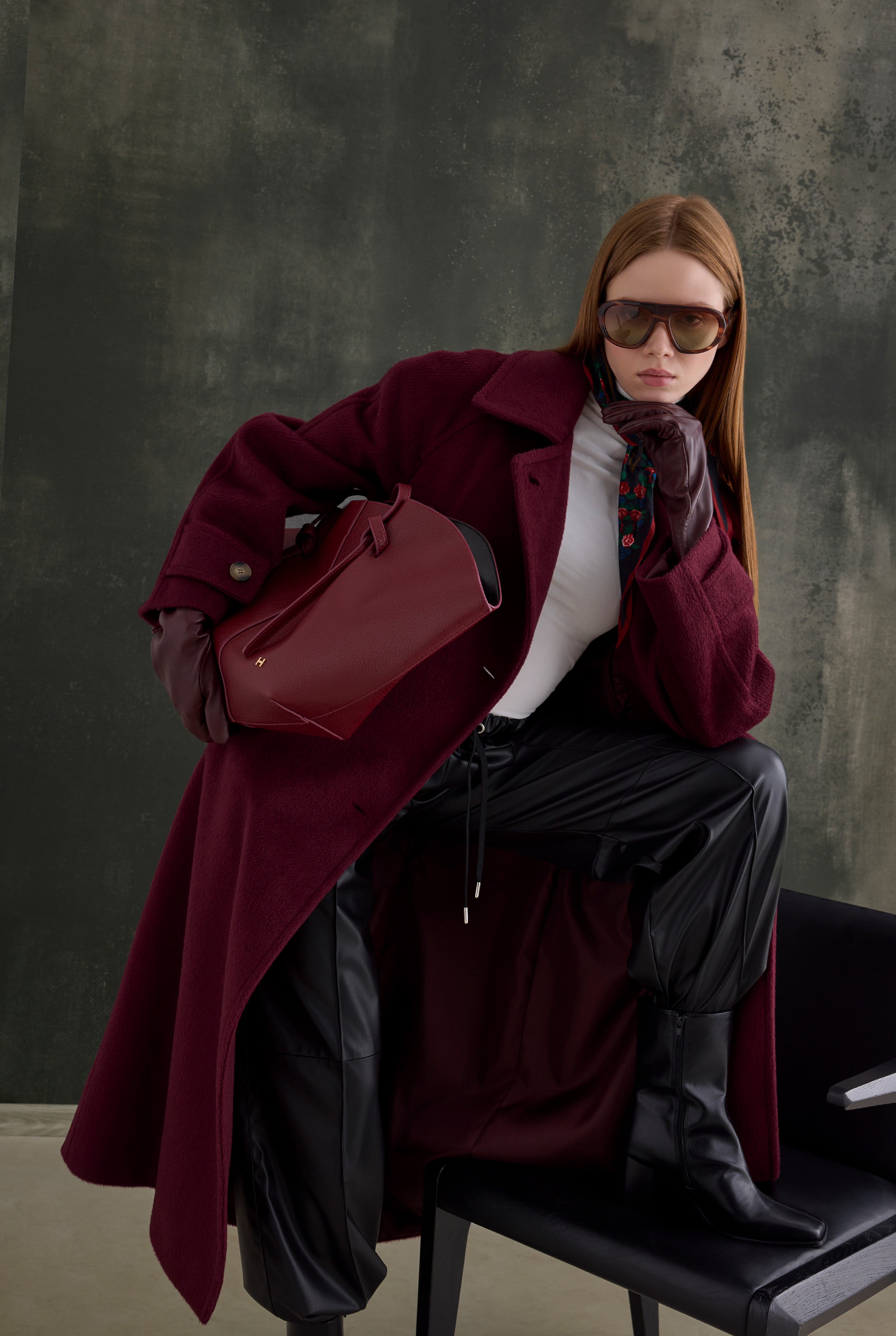 Belted Long Coat Bordeaux - 3