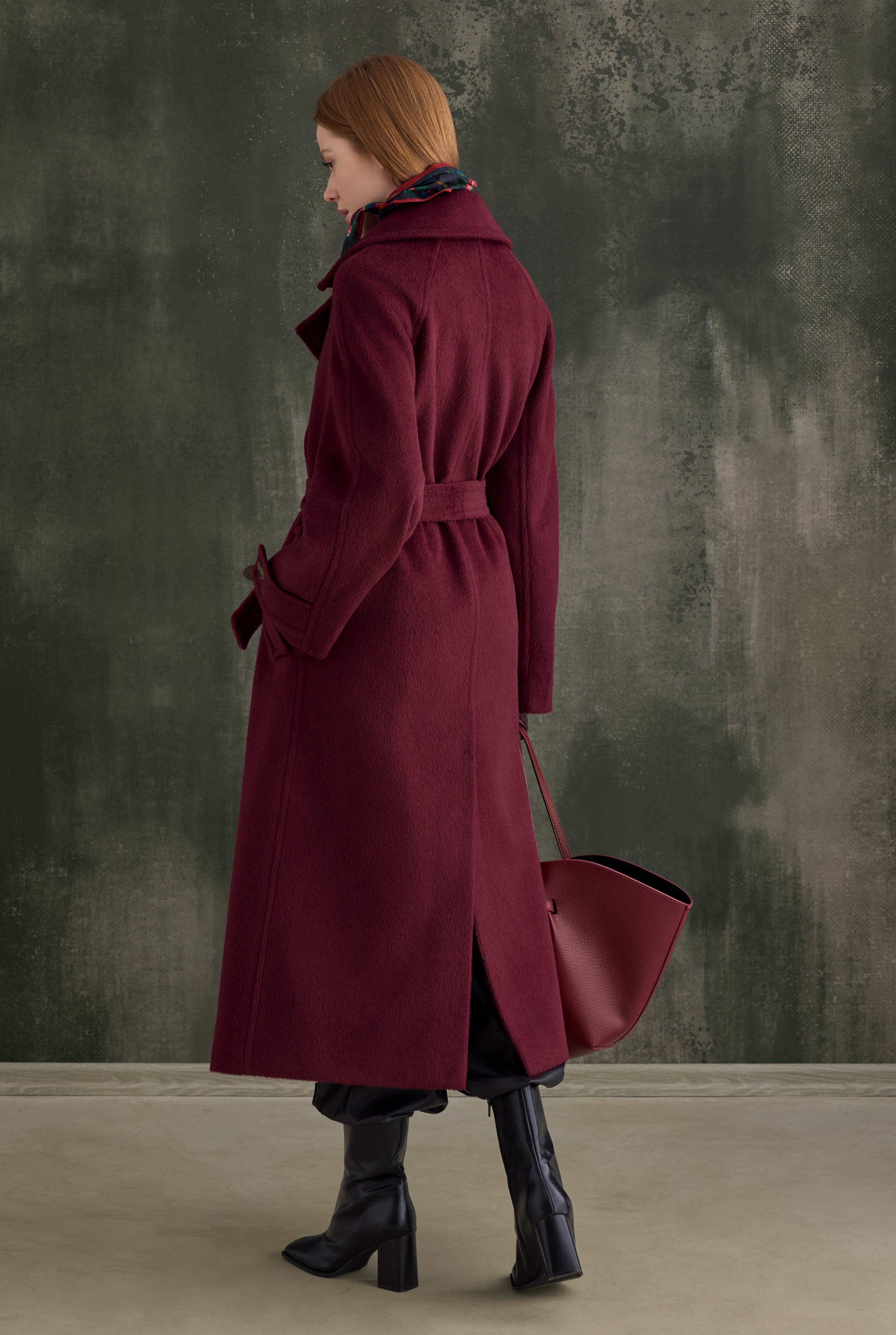 Belted Long Coat Bordeaux - 6