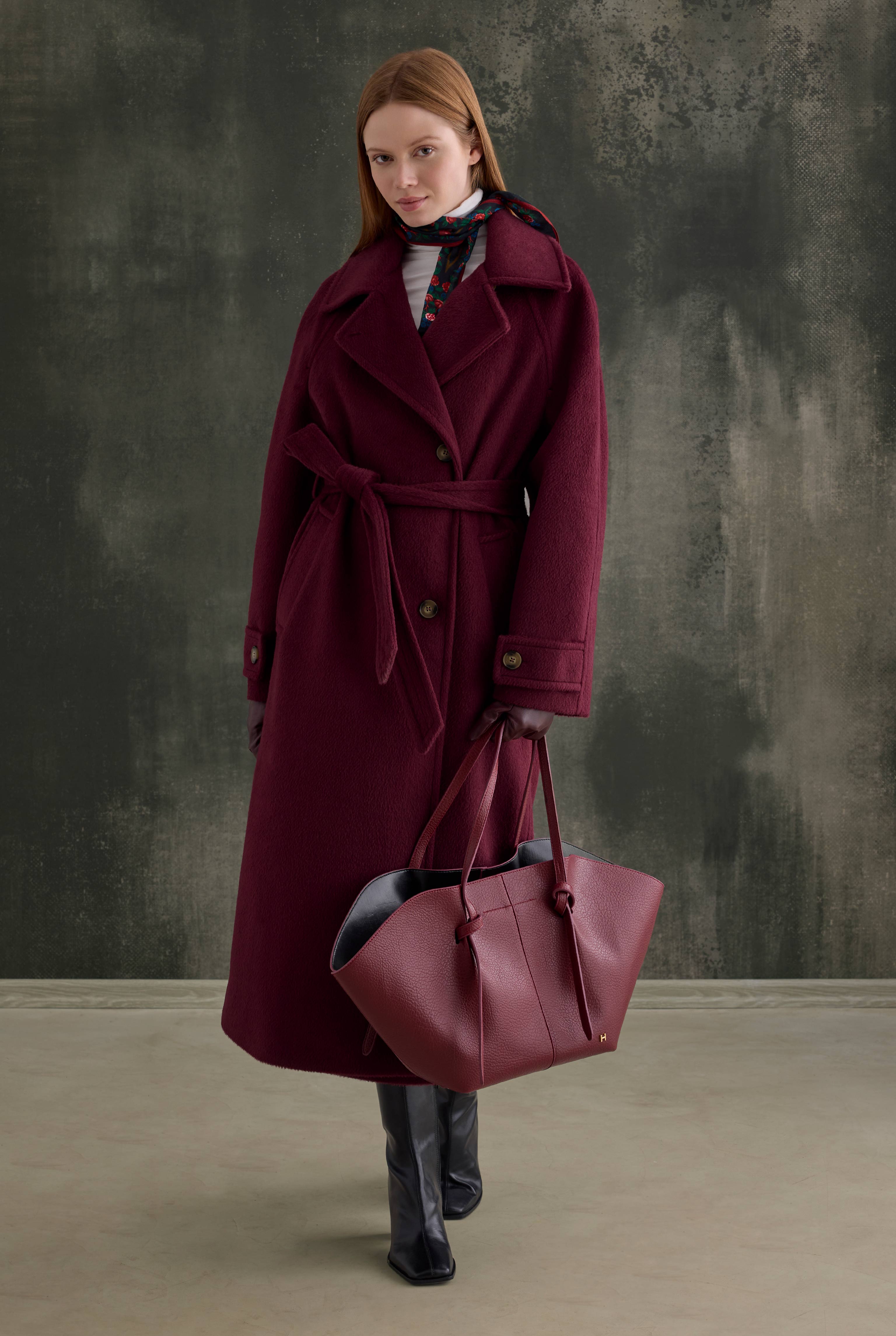Belted Long Coat Bordeaux - 2