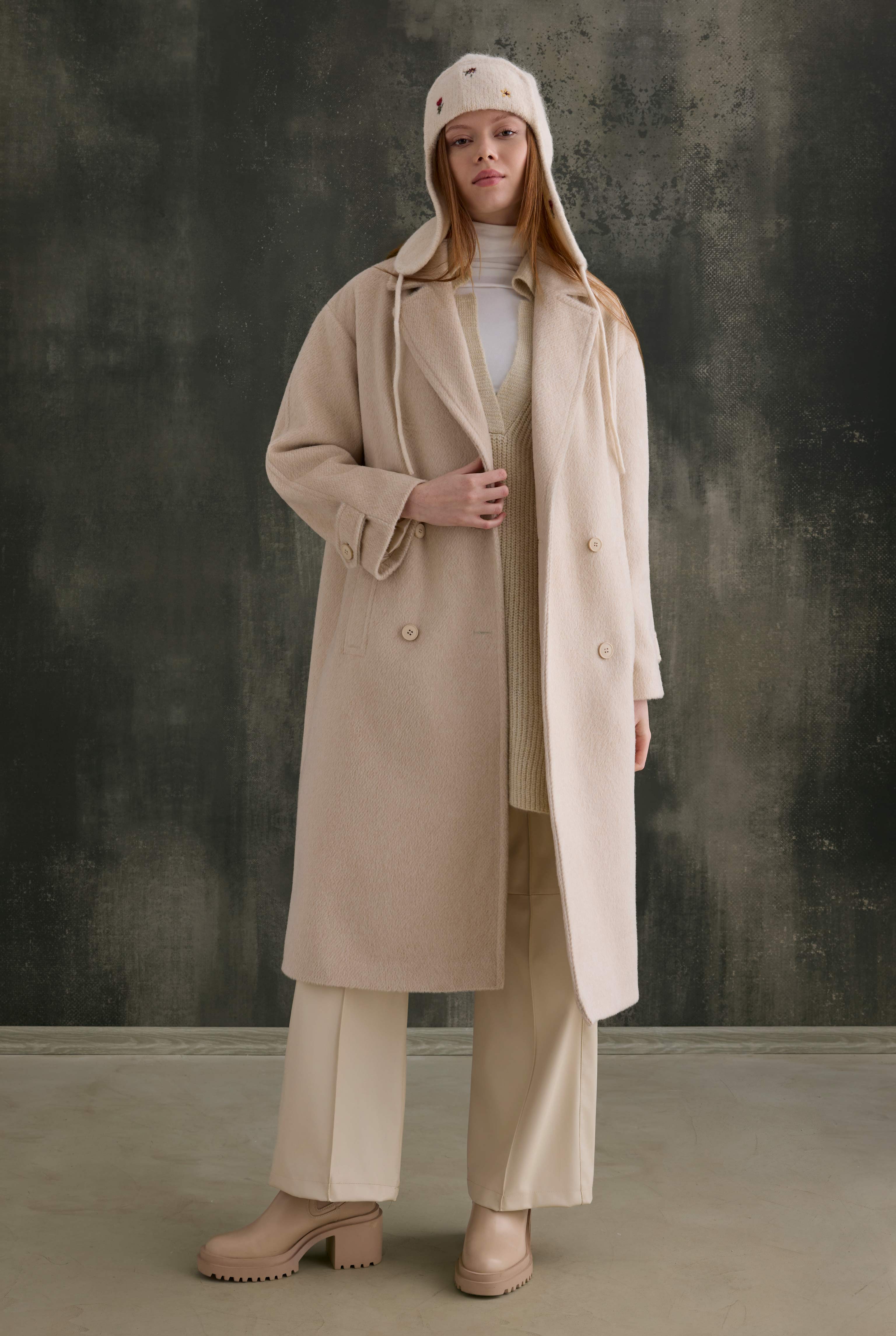 Double-Breasted Long Coat Bone - 2