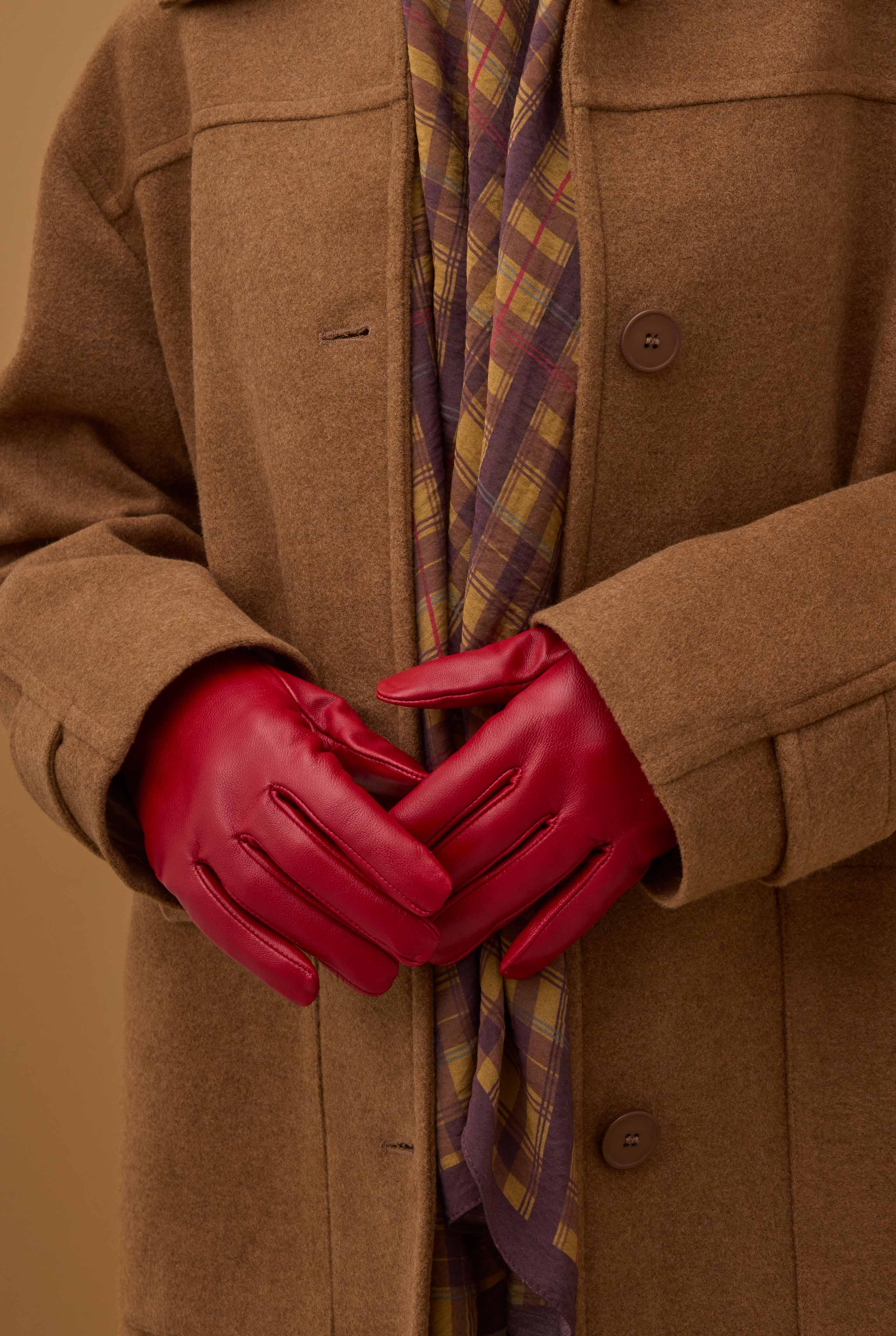 100% Leather Short Gloves Red - 1