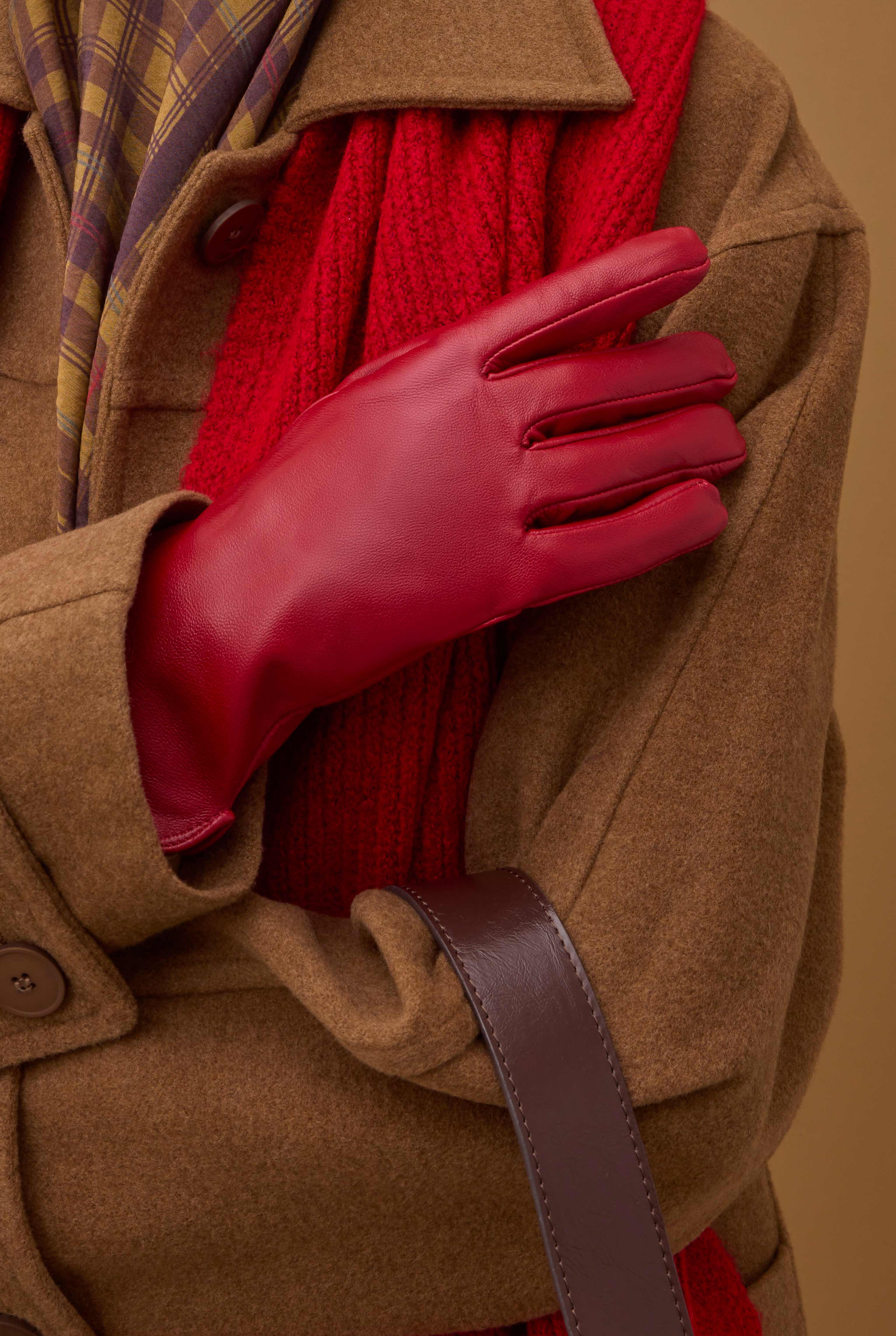 100% Leather Short Gloves Red - 2