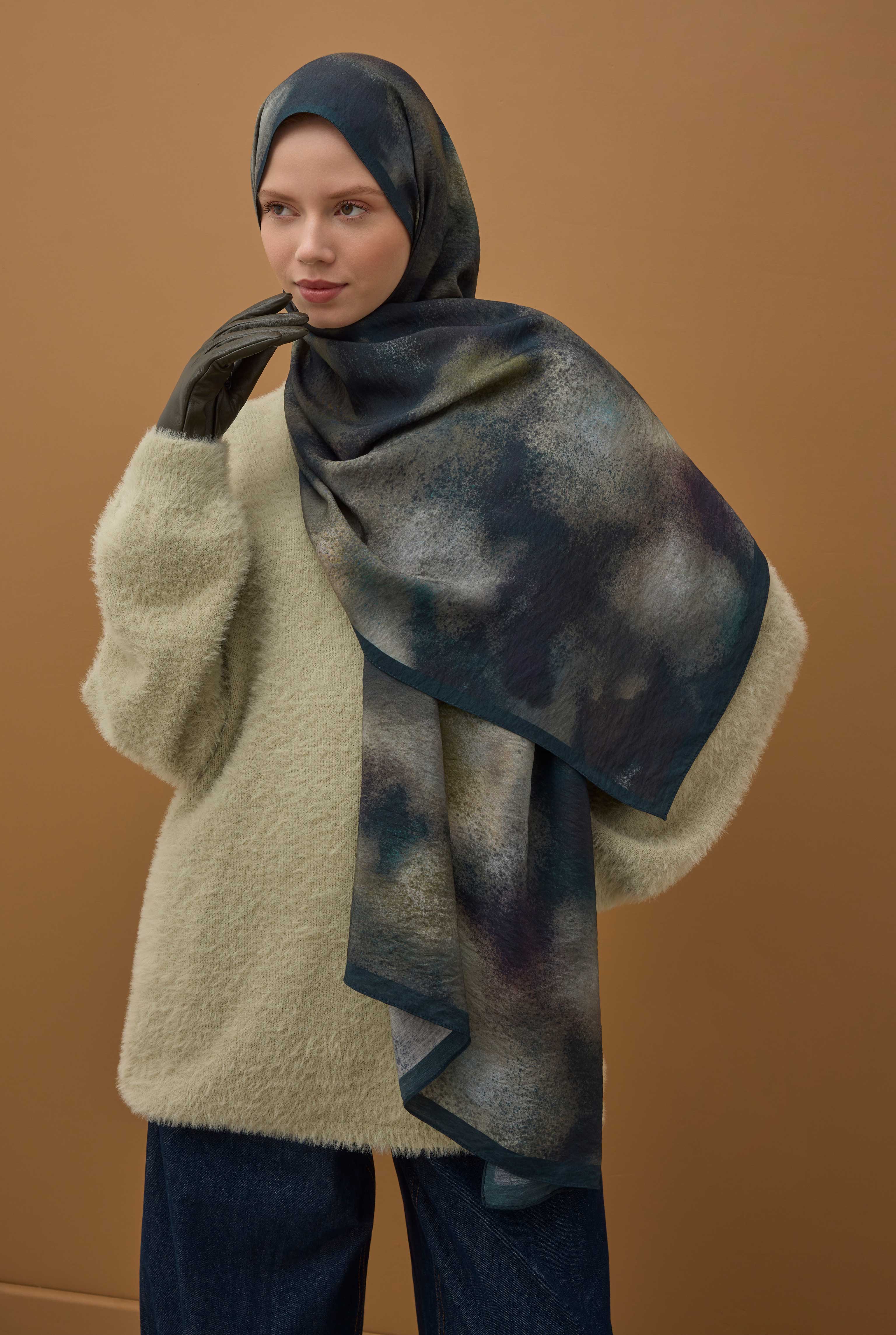 Aural Patterned Shawl Dark Navy Blue - 2