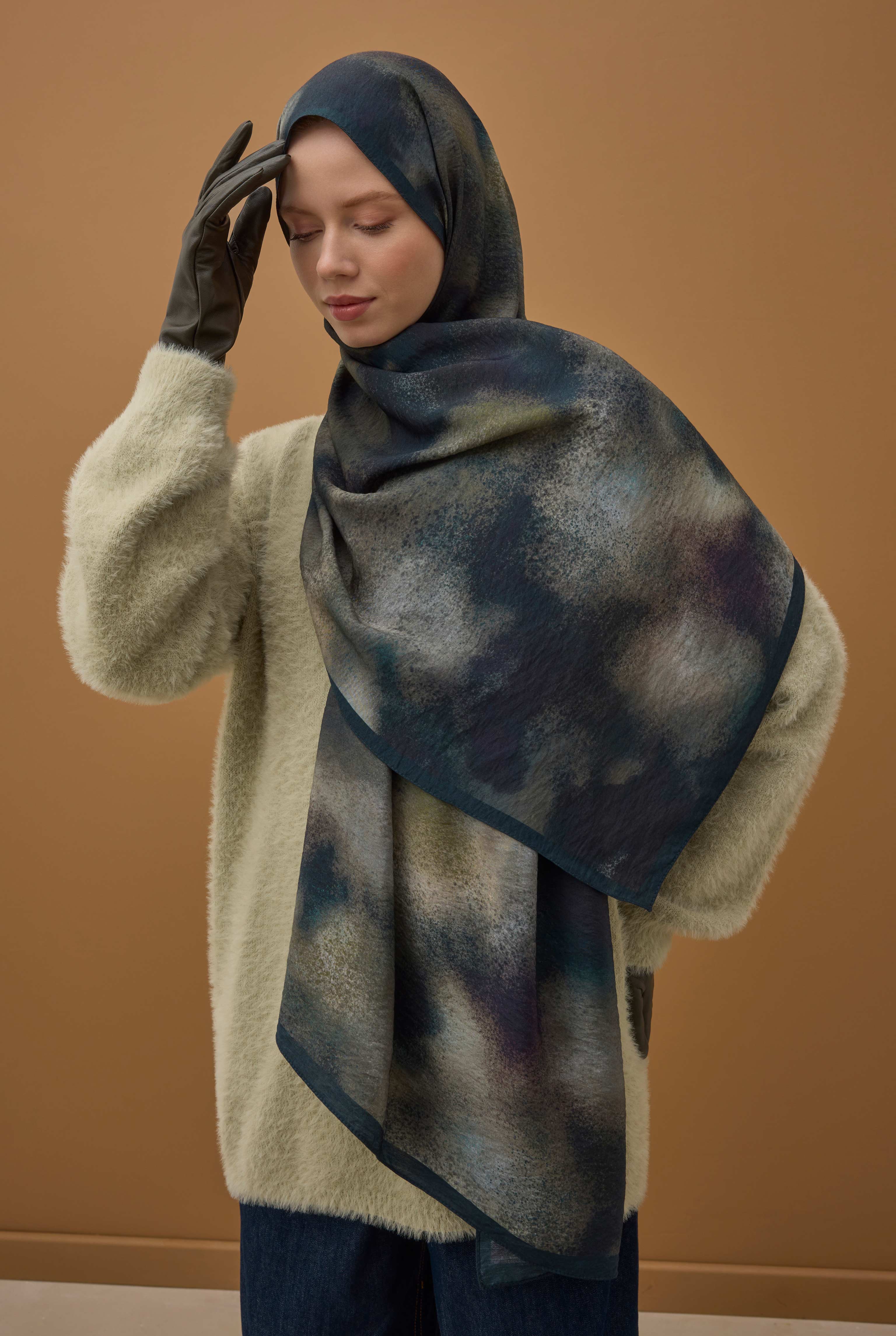 Aural Patterned Shawl Dark Navy Blue - 3