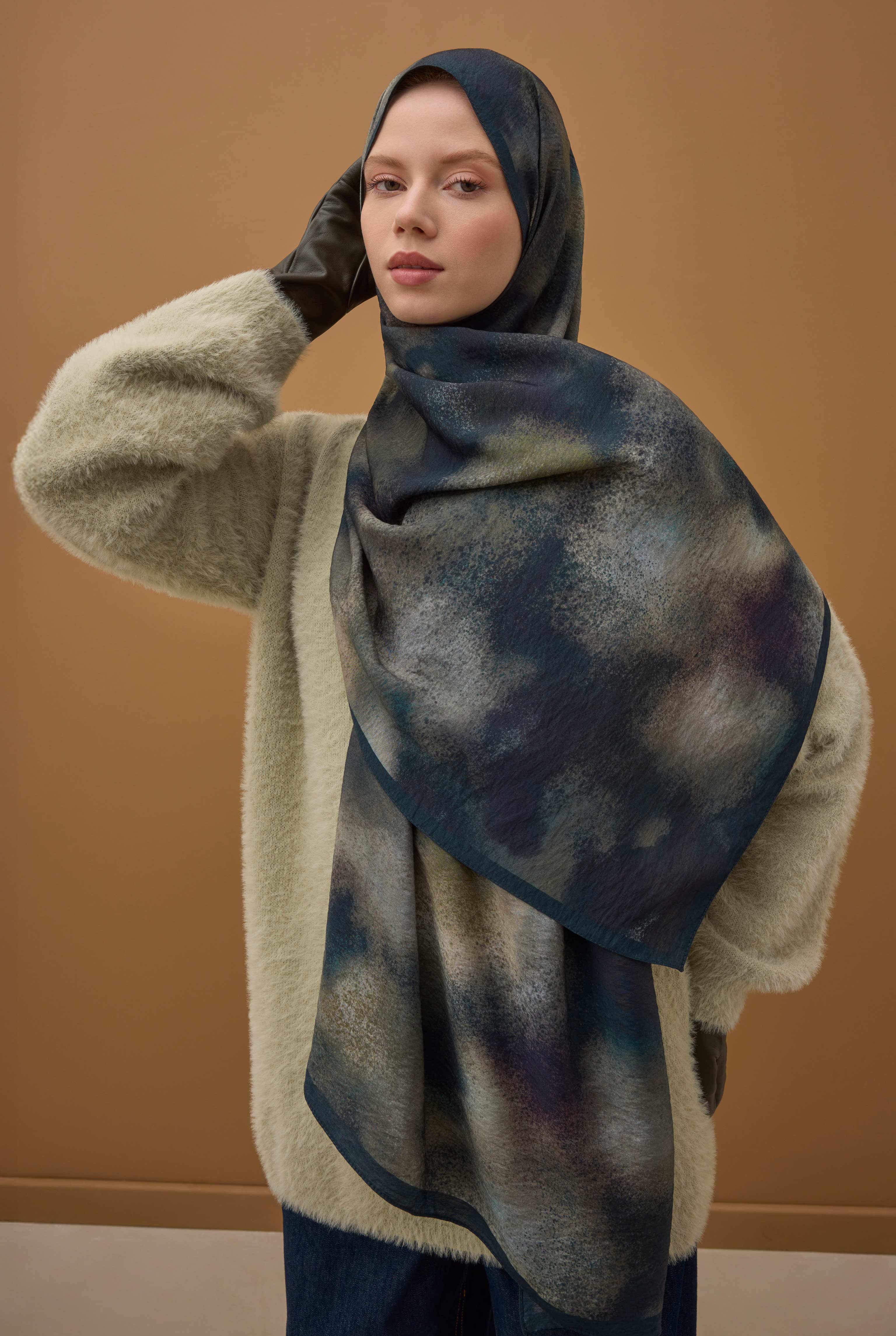 Aural Patterned Shawl Dark Navy Blue - 4