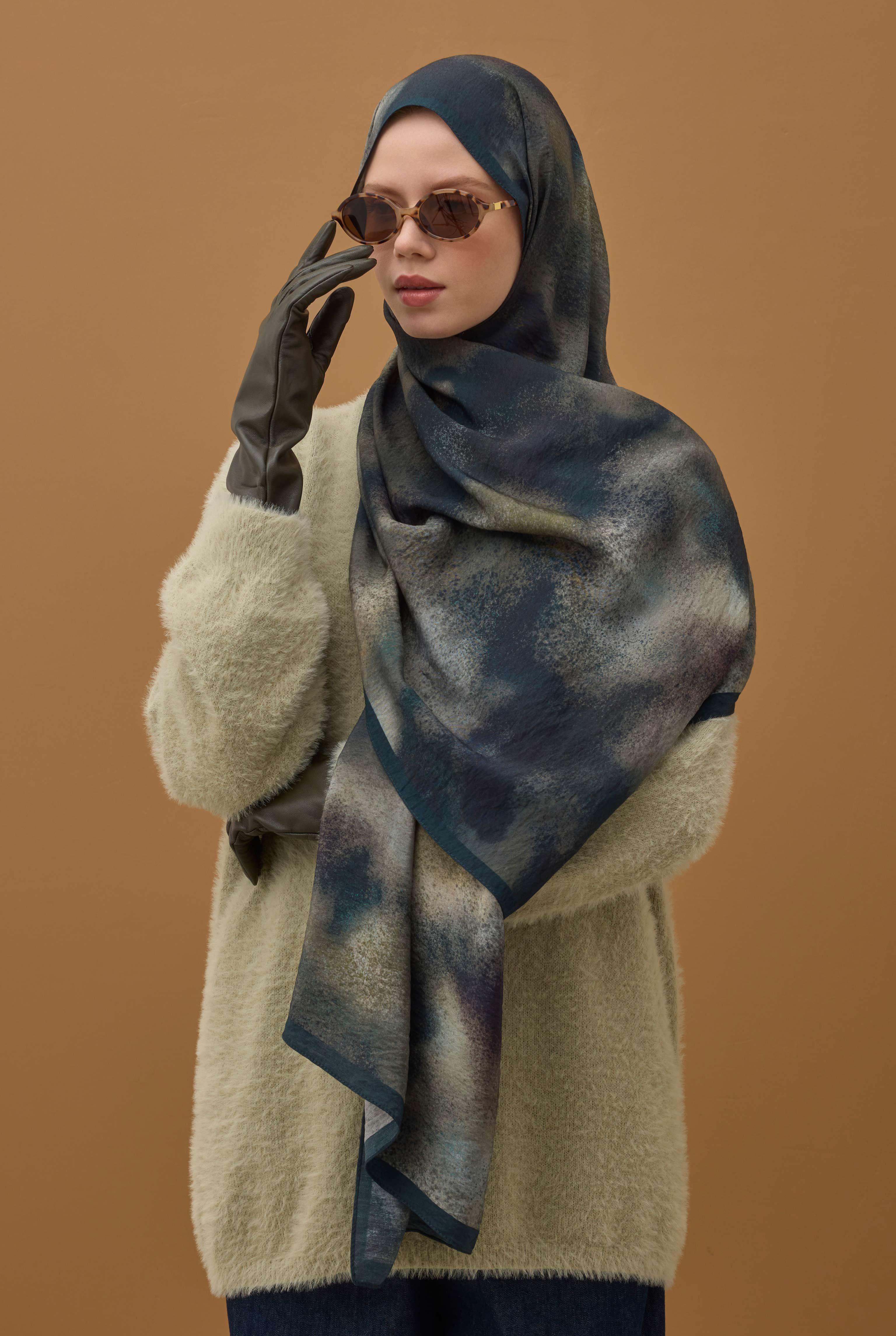 Aural Patterned Shawl Dark Navy Blue - 5
