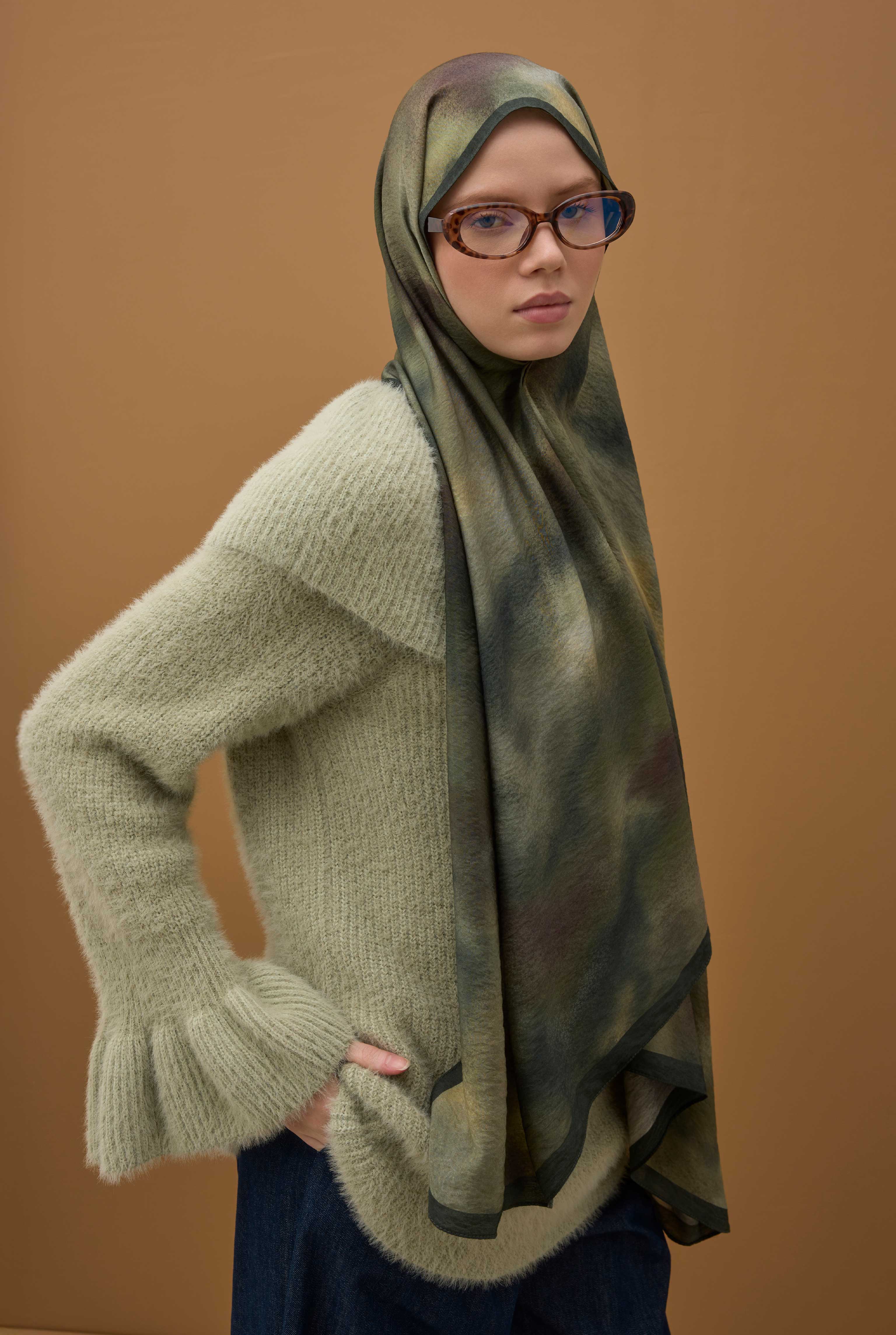 Aural Patterned Shawl Khaki - 1