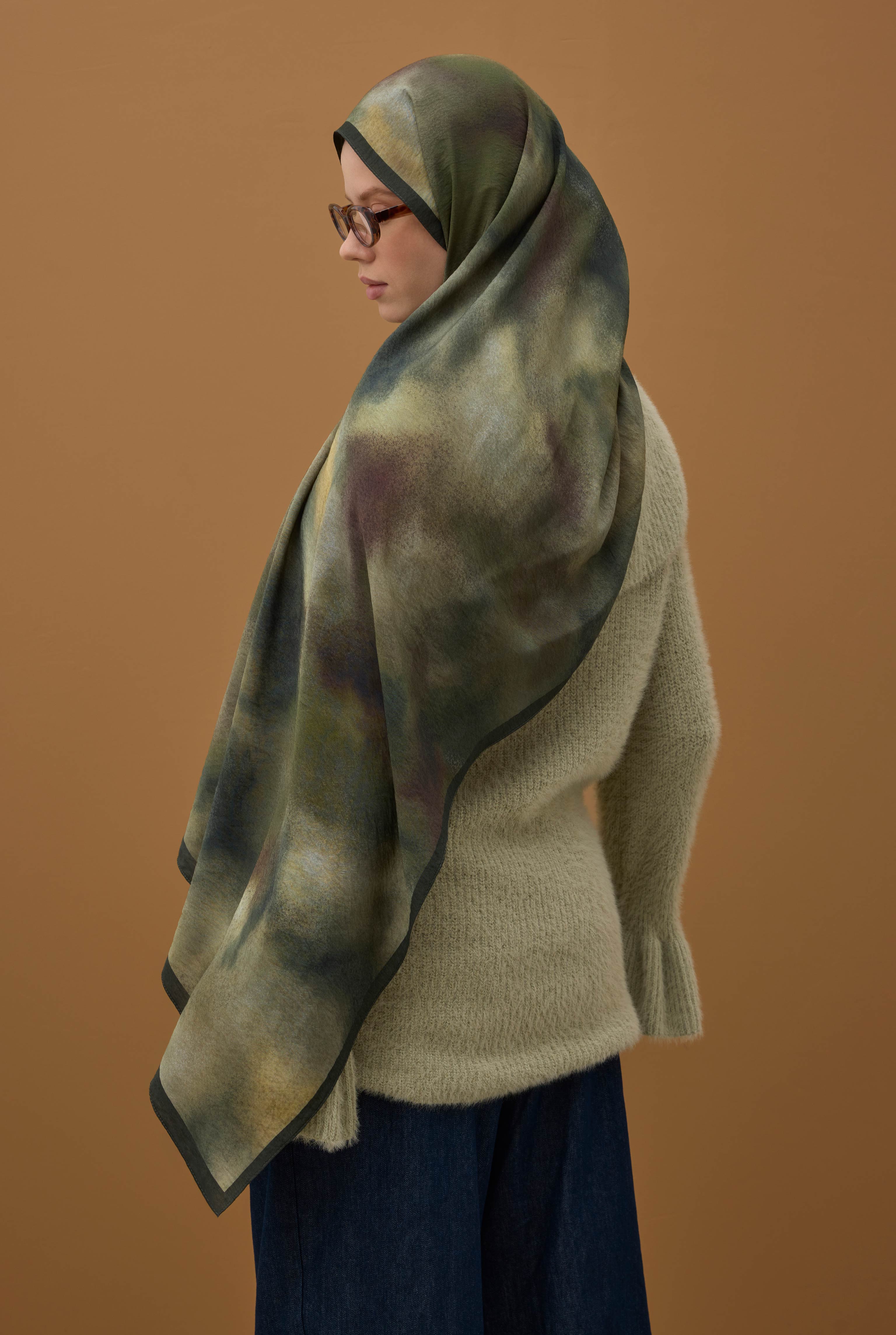 Aural Patterned Shawl Khaki - 2