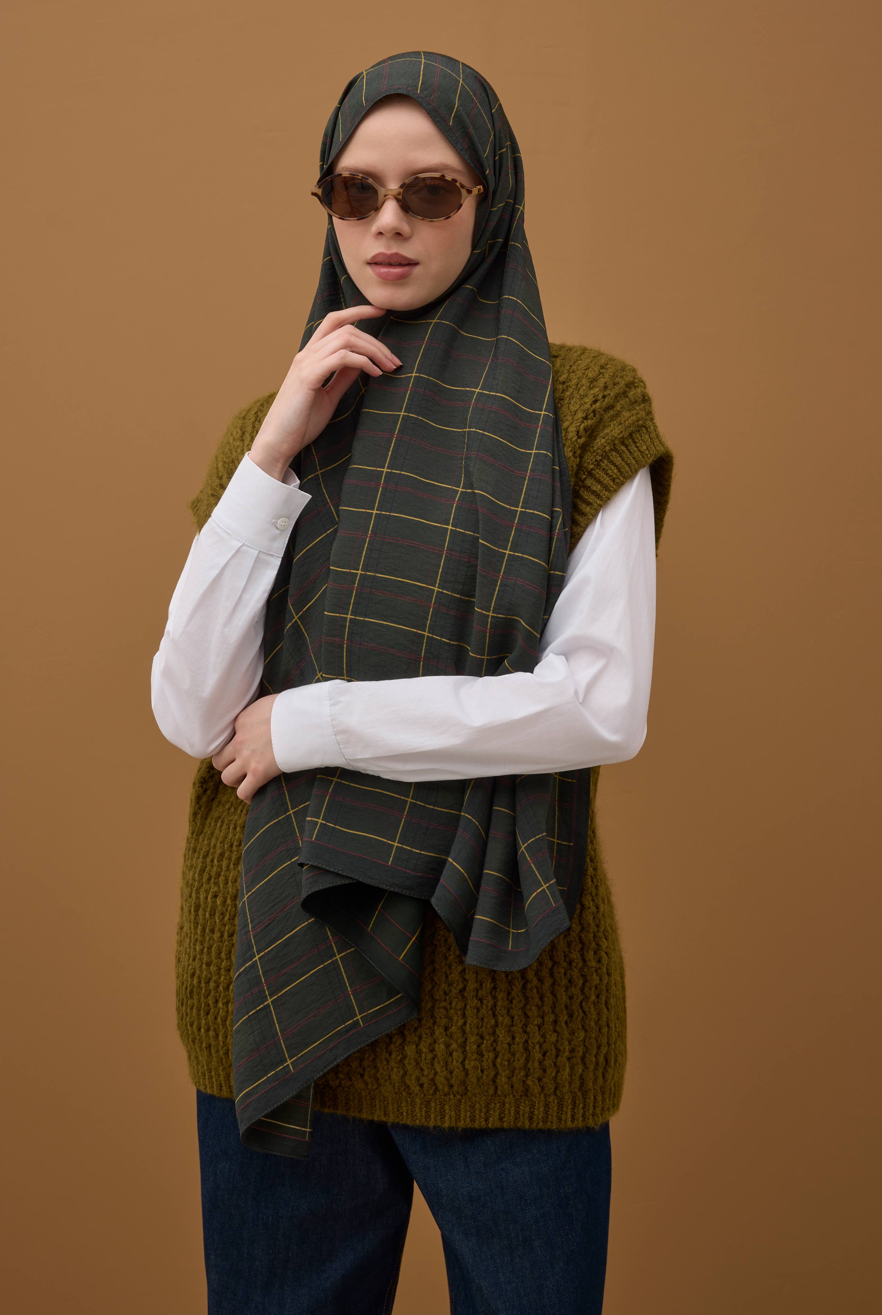 Riva Plaid Shawl Khaki - HE-QA