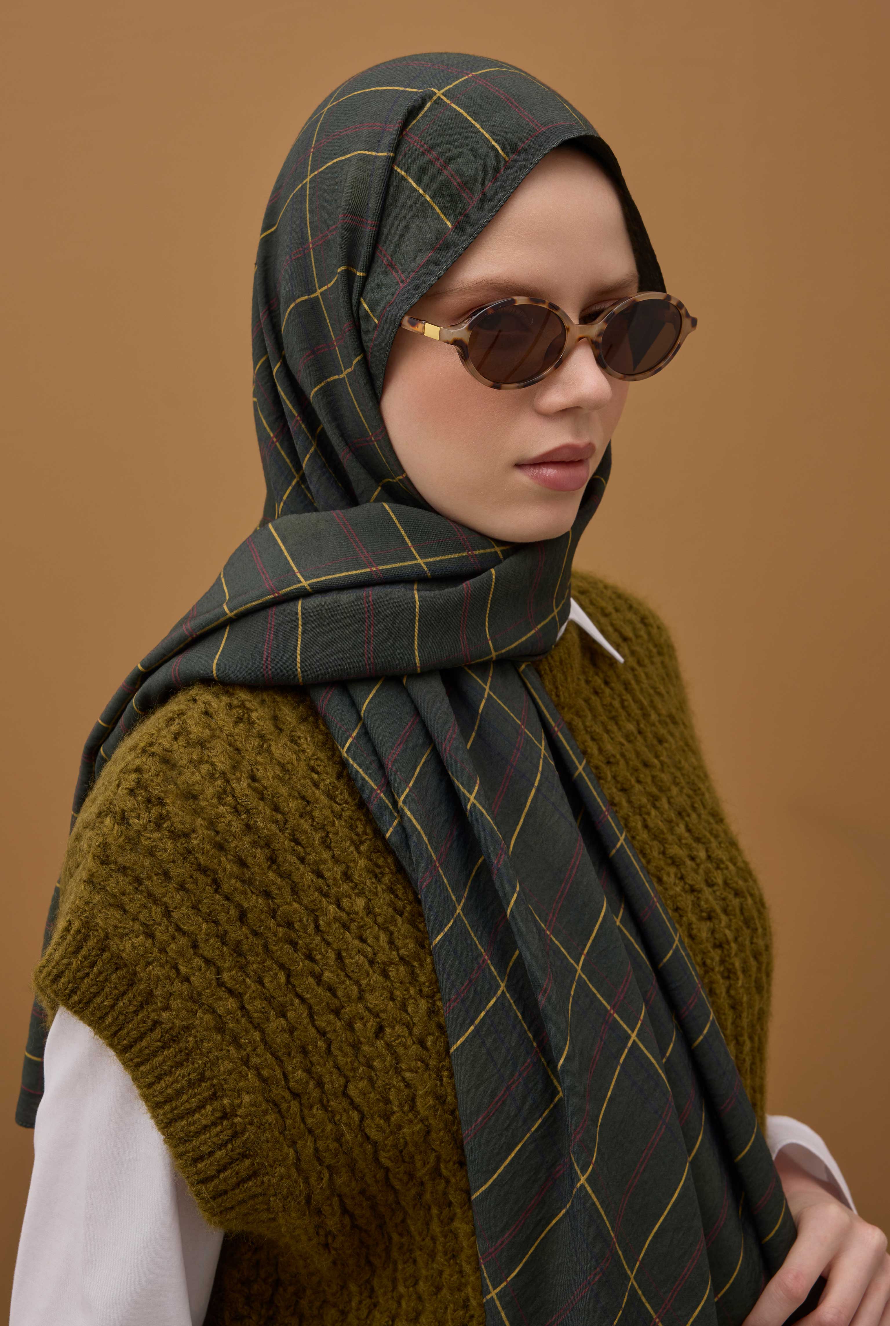 Riva Plaid Shawl Khaki - 3