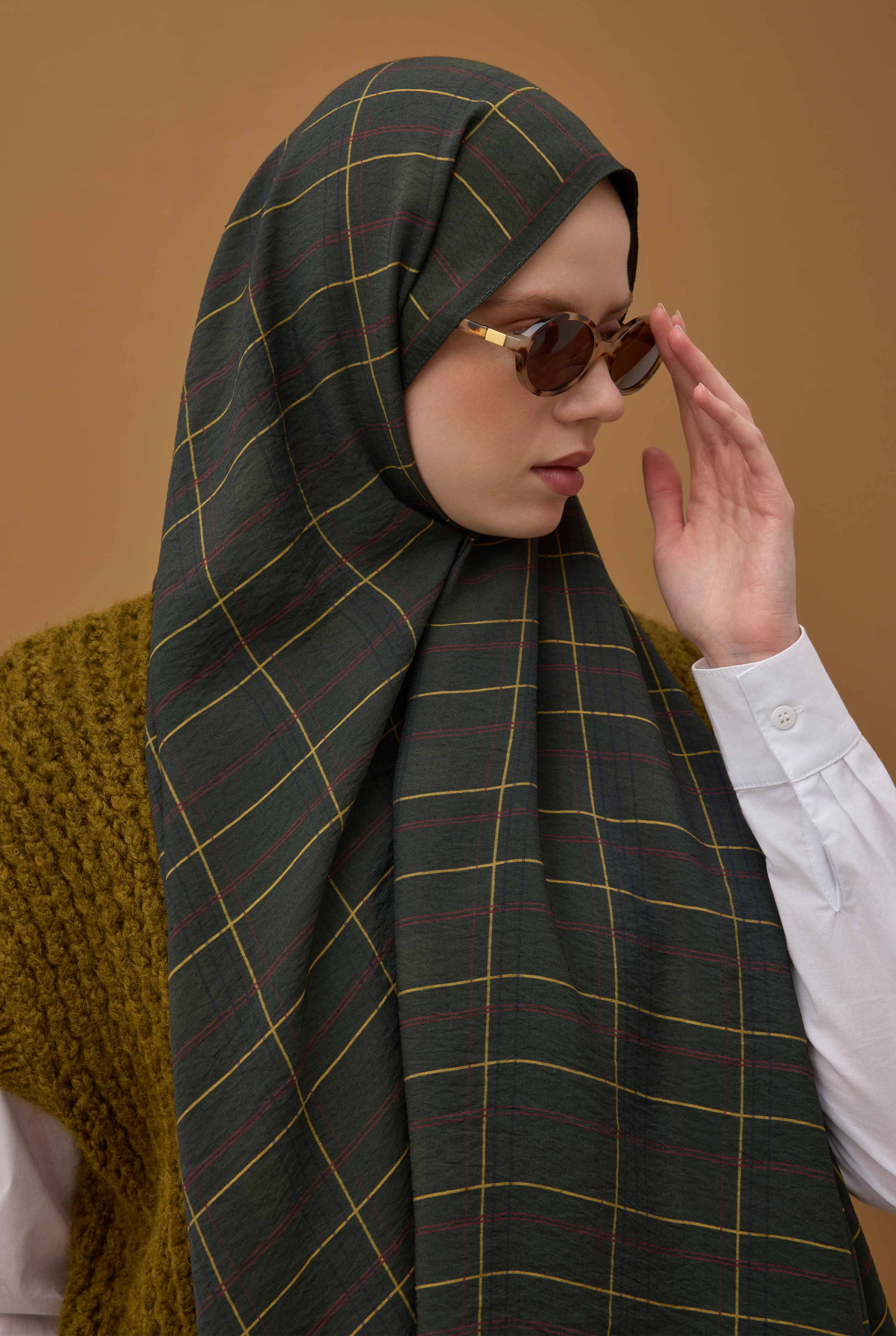 Riva Plaid Shawl Khaki - 4