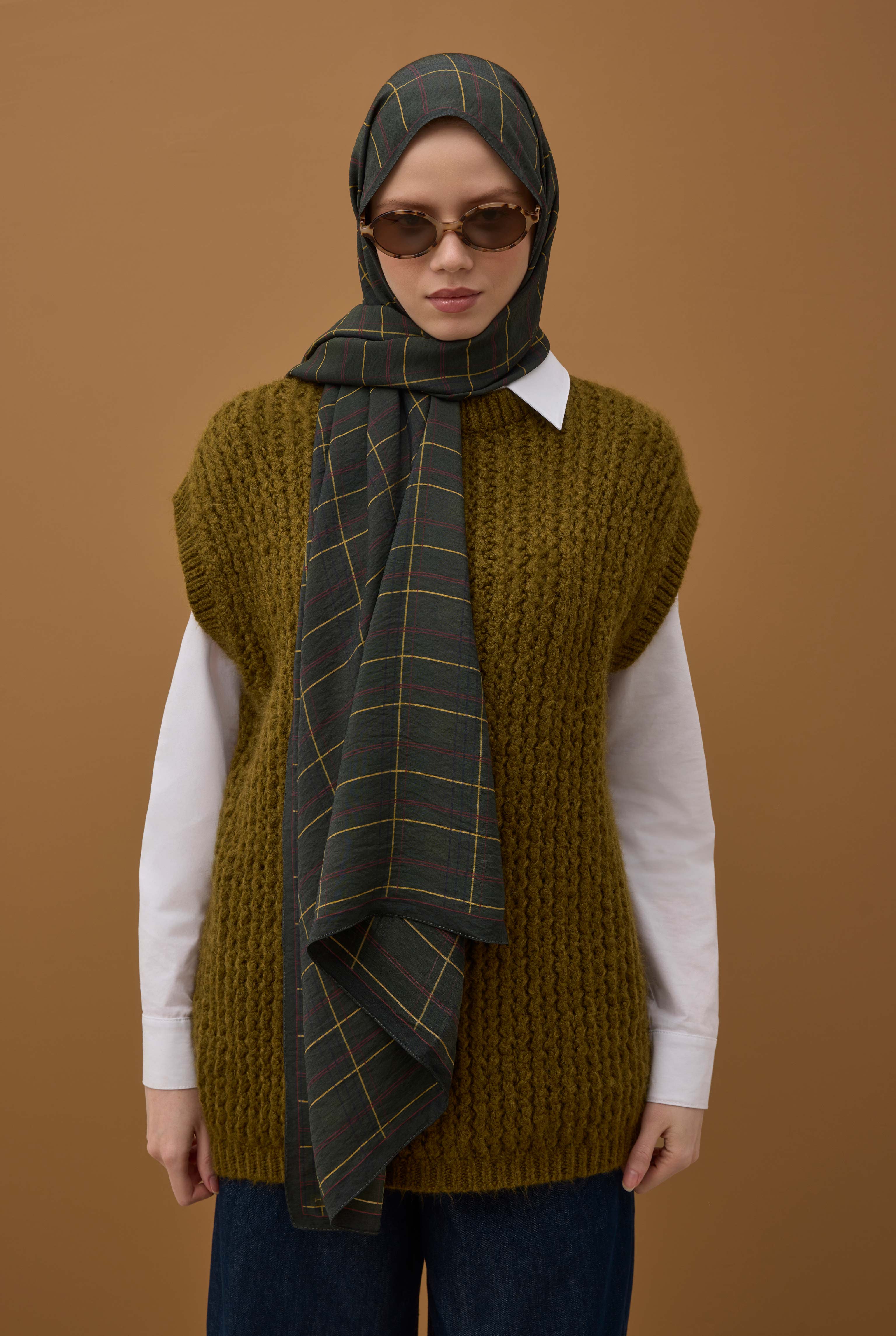 Riva Plaid Shawl Khaki - 5
