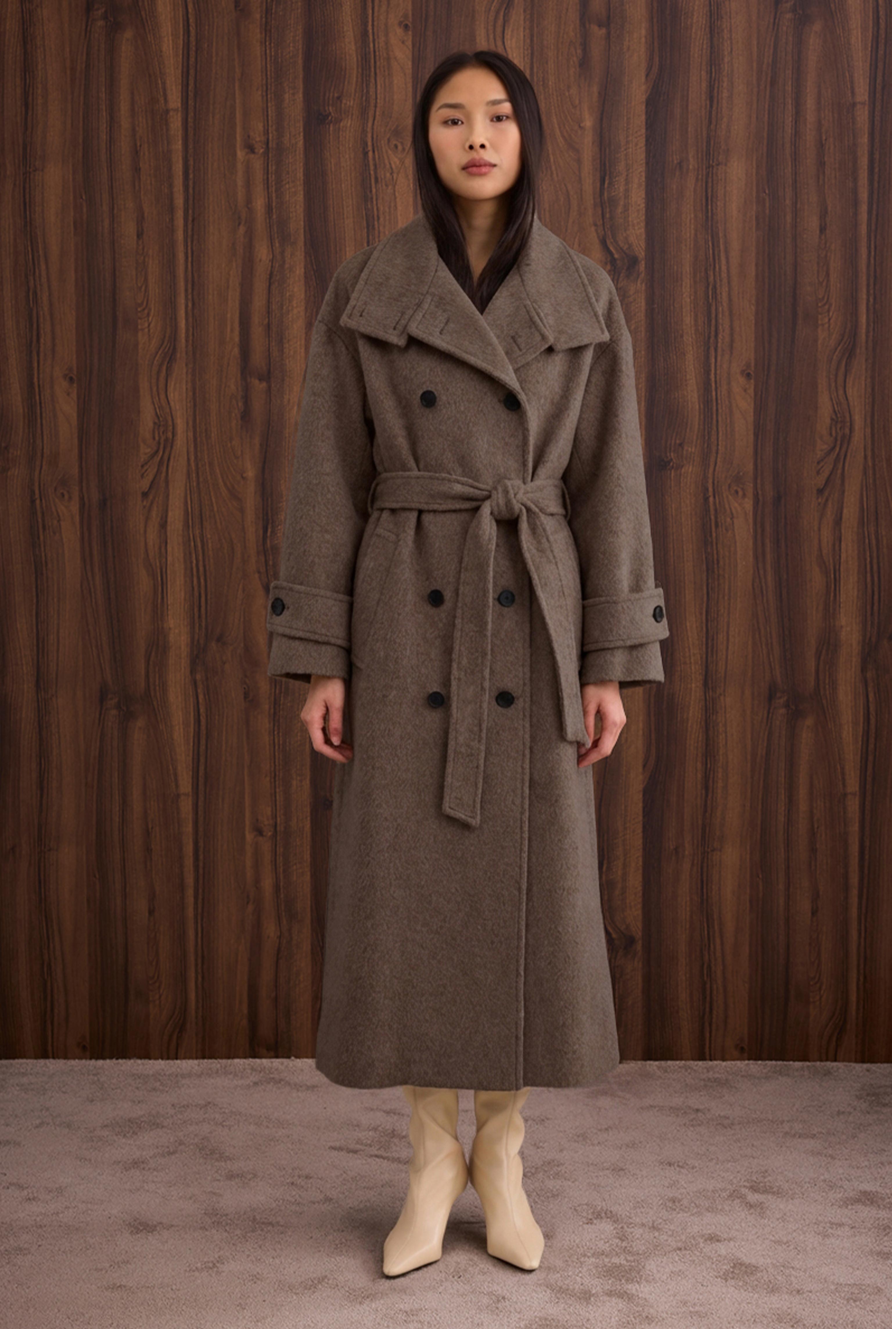 Funnel Neck Long Coat Brown - 4