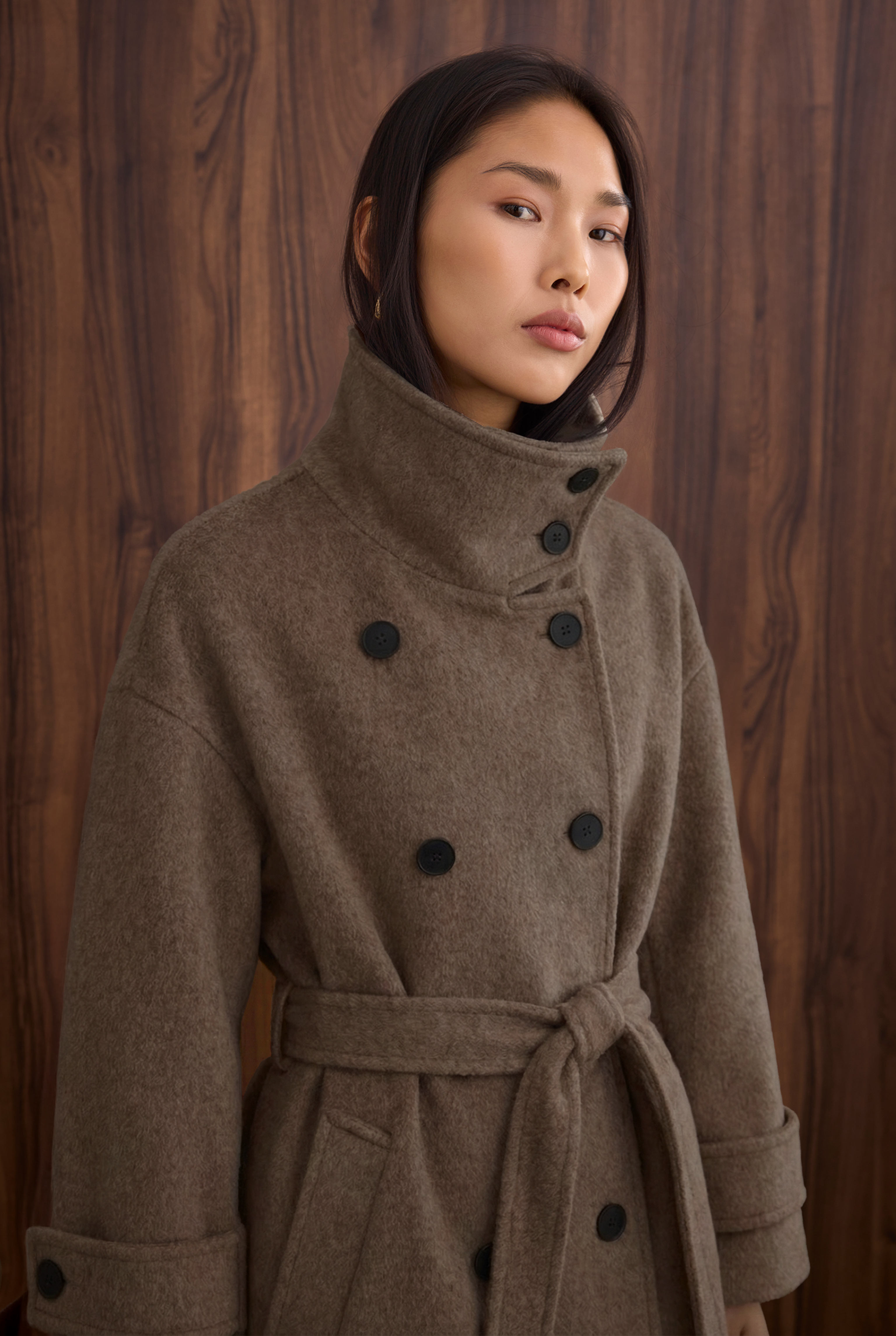 Funnel Neck Long Coat Brown - 3