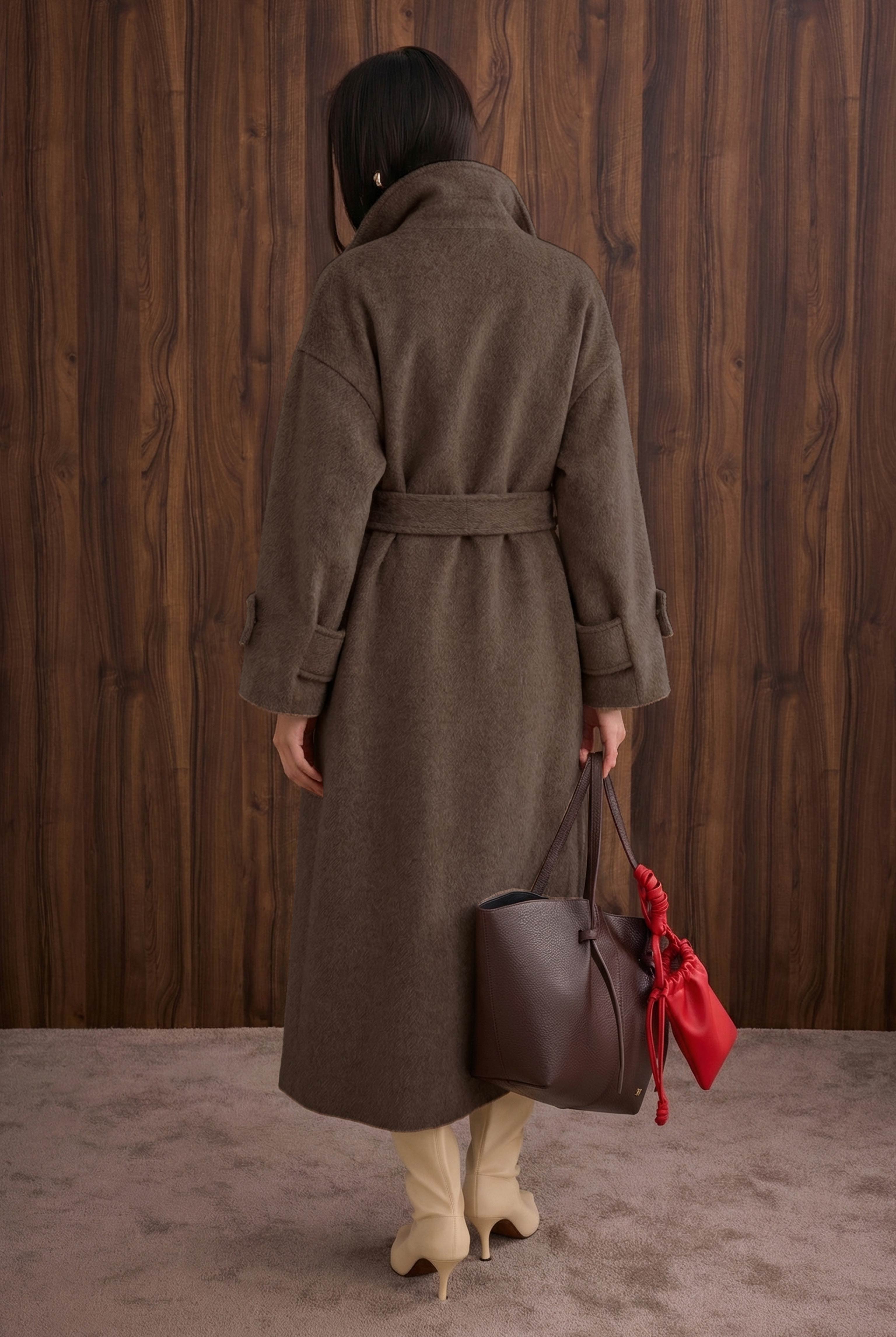 Funnel Neck Long Coat Brown - 6