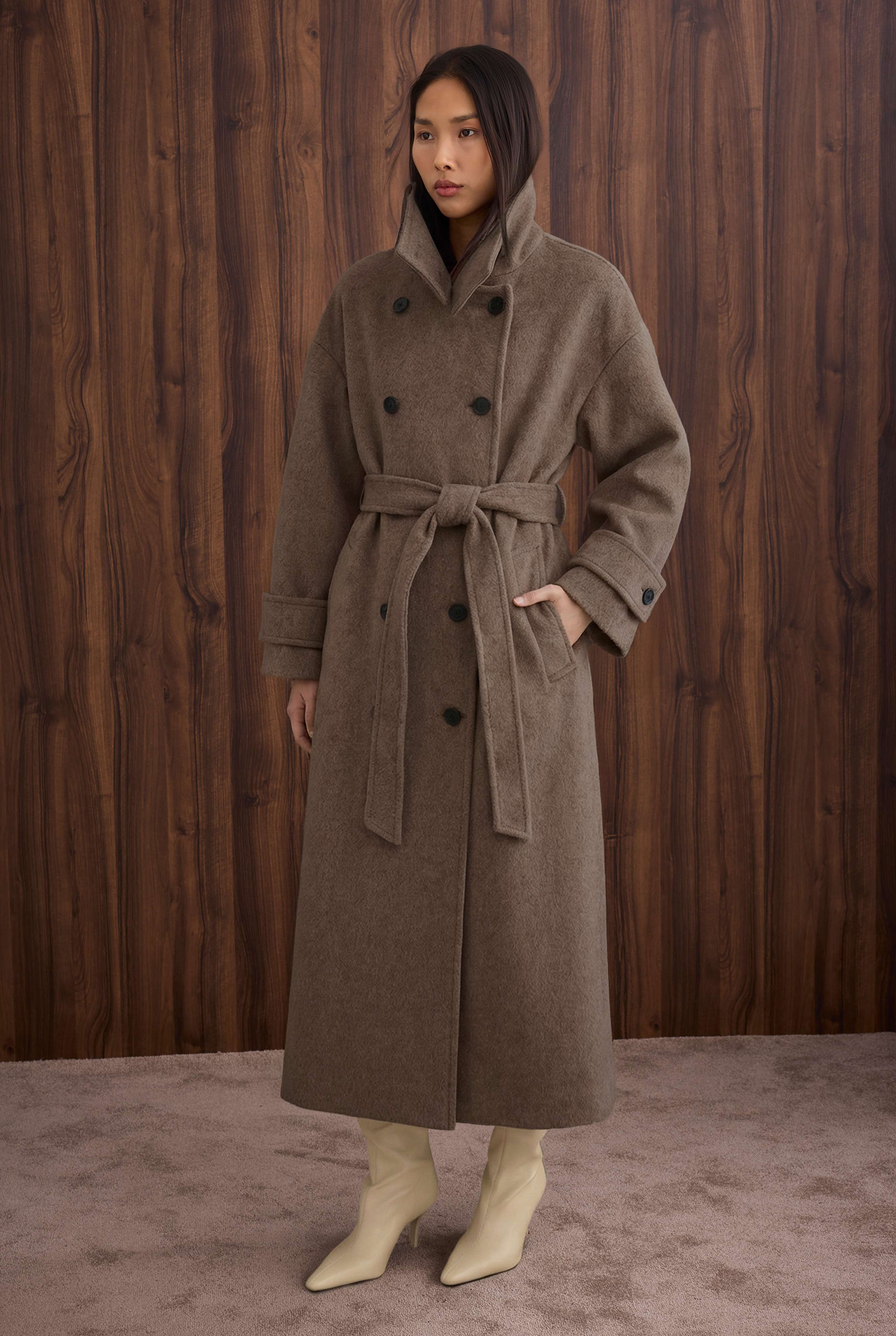 Funnel Neck Long Coat Brown - 5