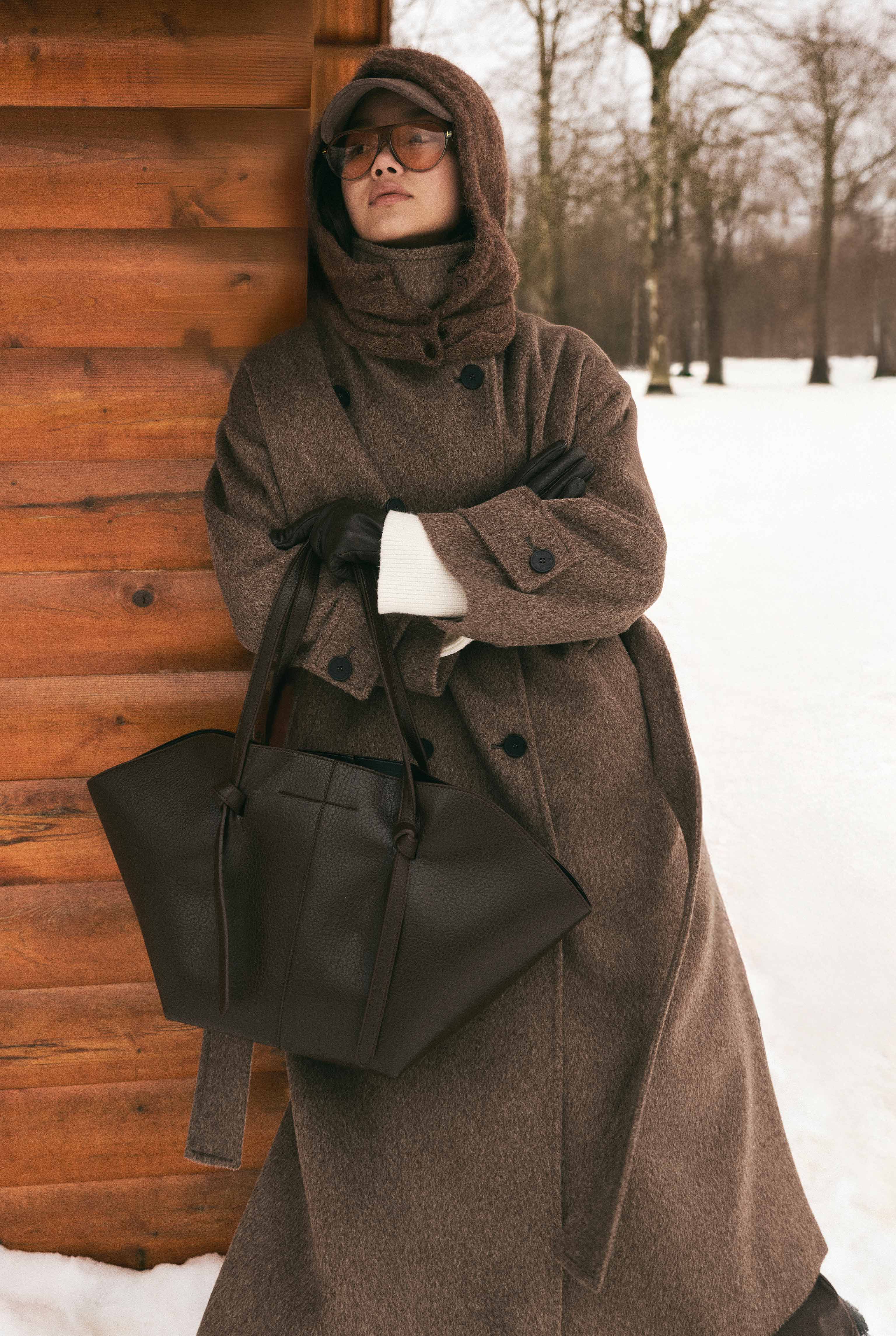 Funnel Neck Long Coat Brown - 2