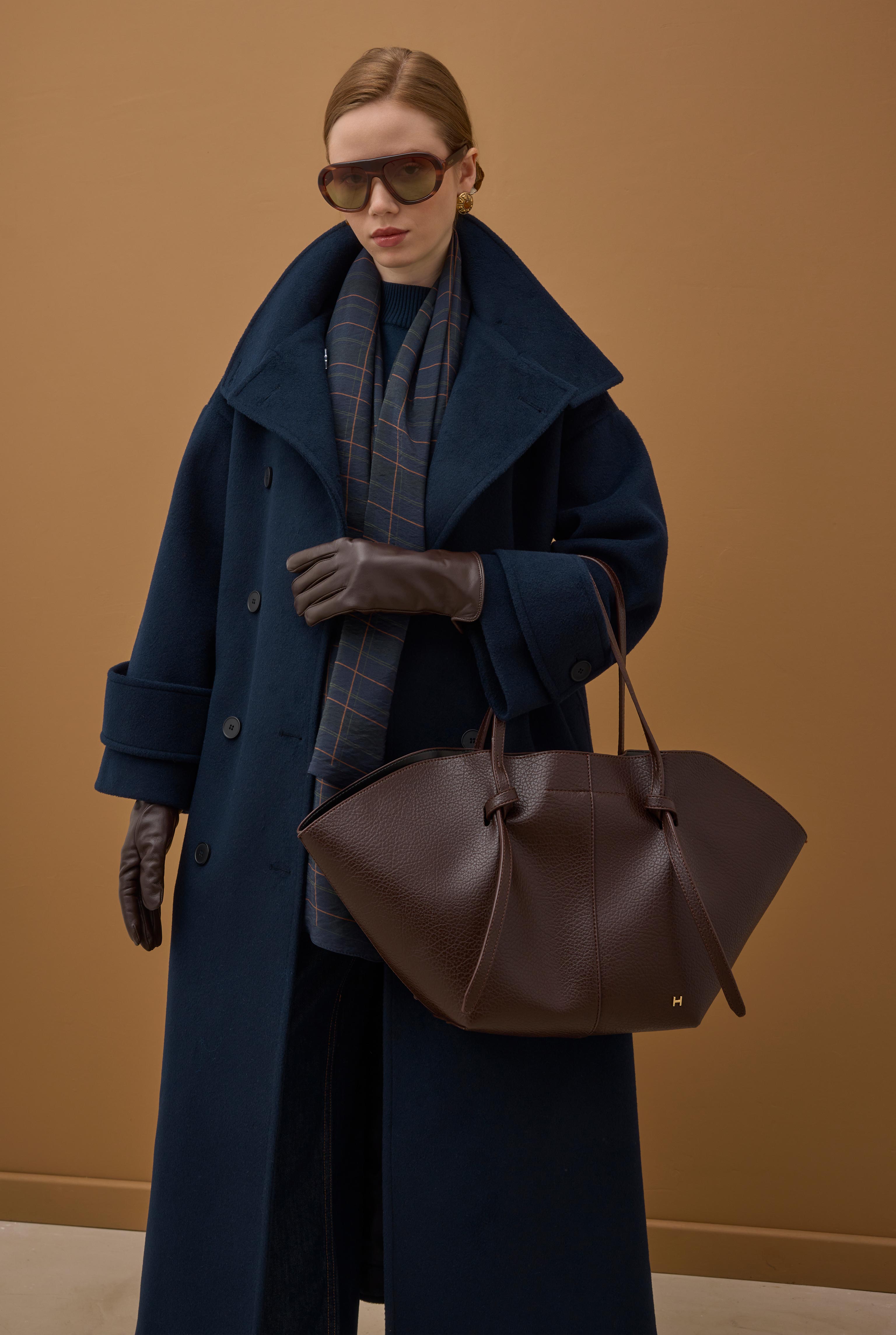 Funnel Neck Long Coat Navy Blue - HE-QA