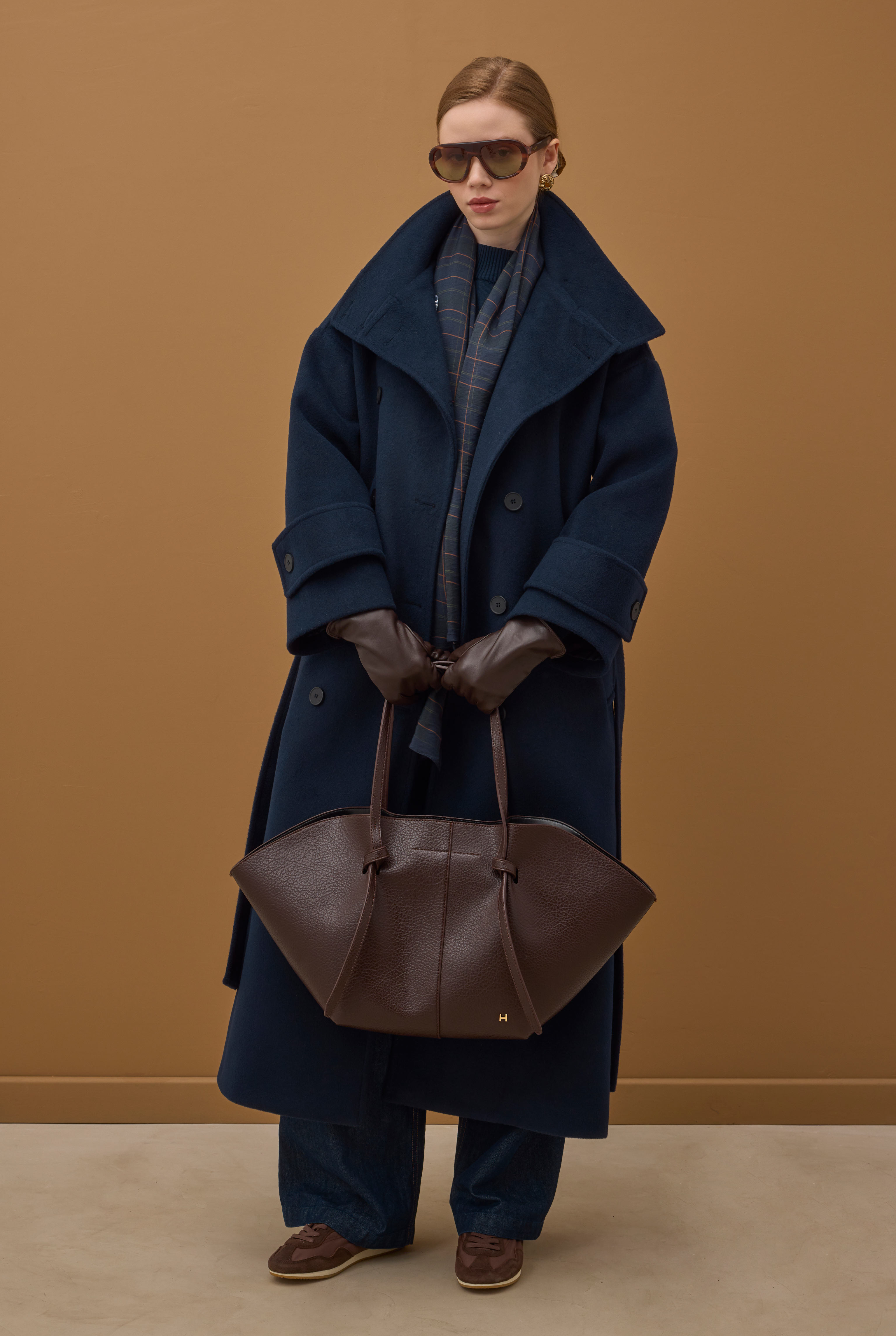 Funnel Neck Long Coat Navy Blue - 2