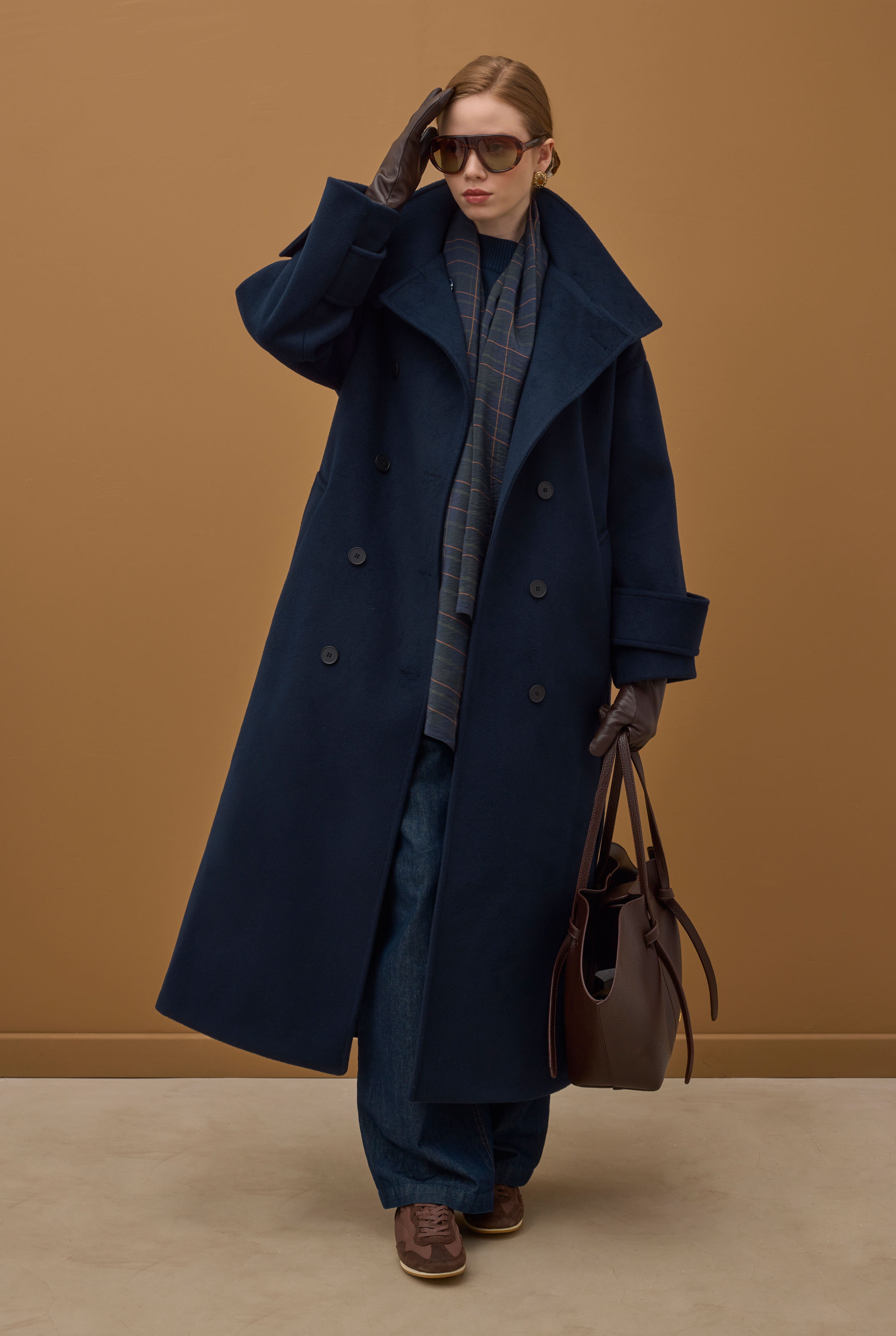 Funnel Neck Long Coat Navy Blue - 3