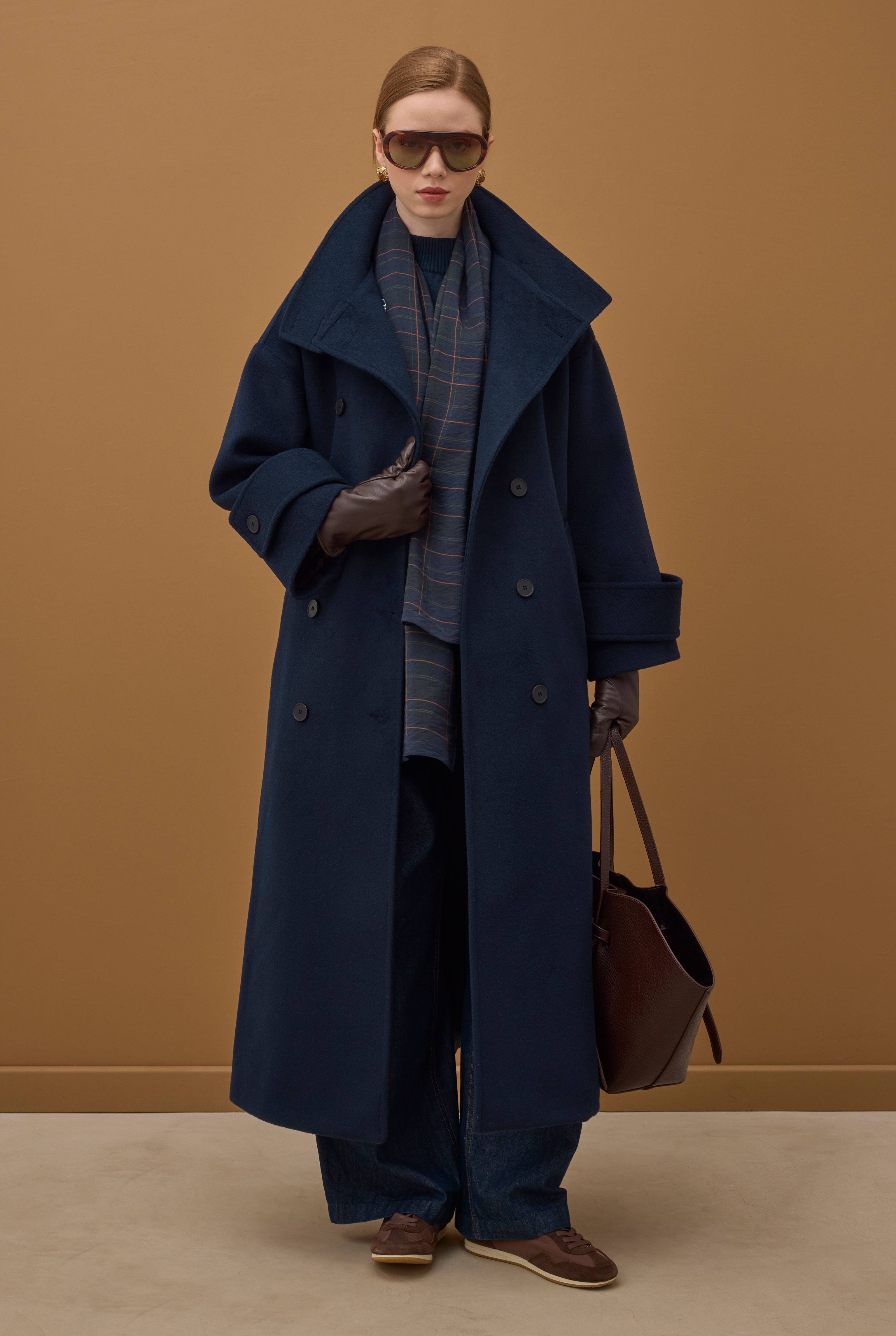 Funnel Neck Long Coat Navy Blue - 4
