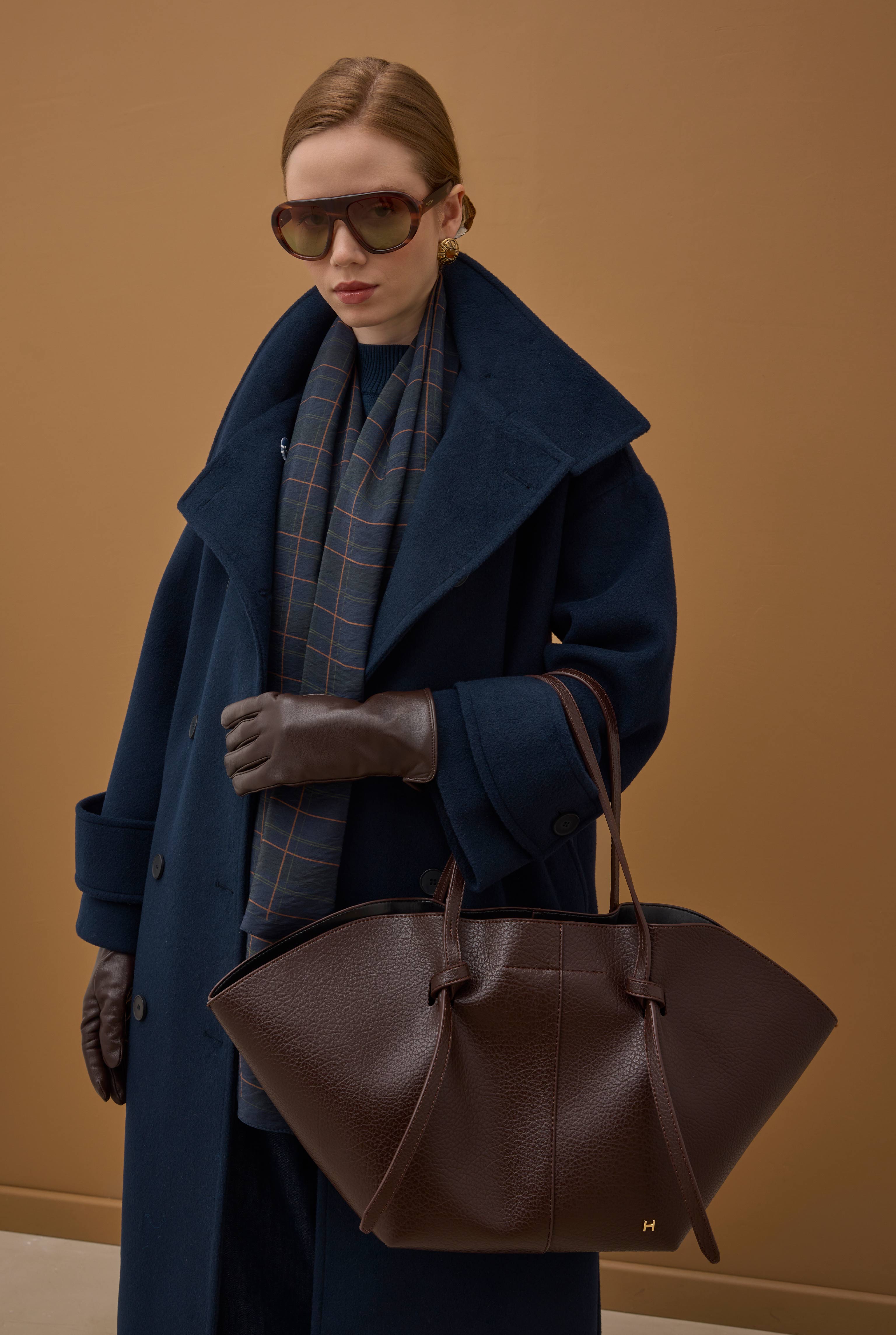 Funnel Neck Long Coat Navy Blue - 5