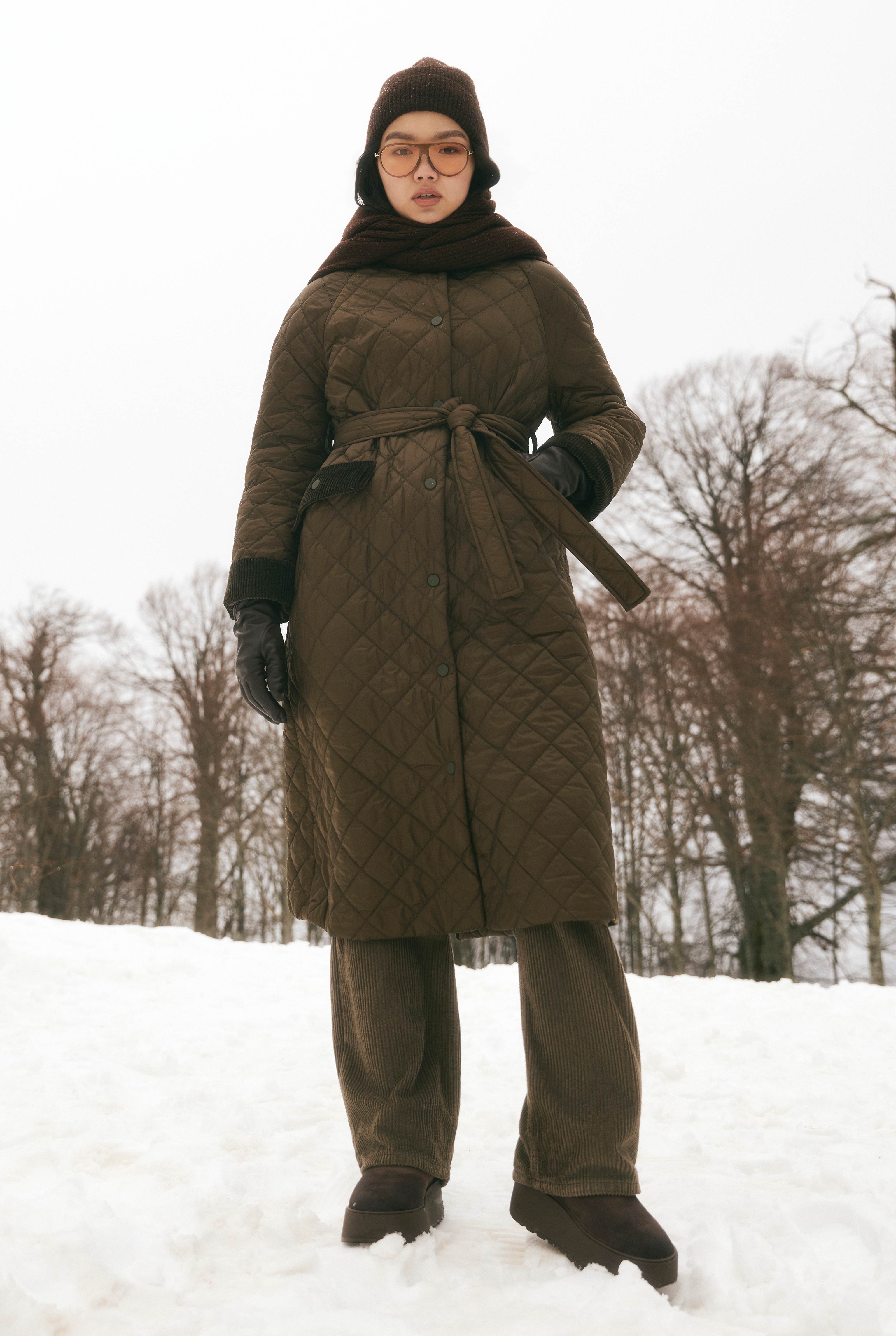 Long Quilted Coat Dark Khaki - 10