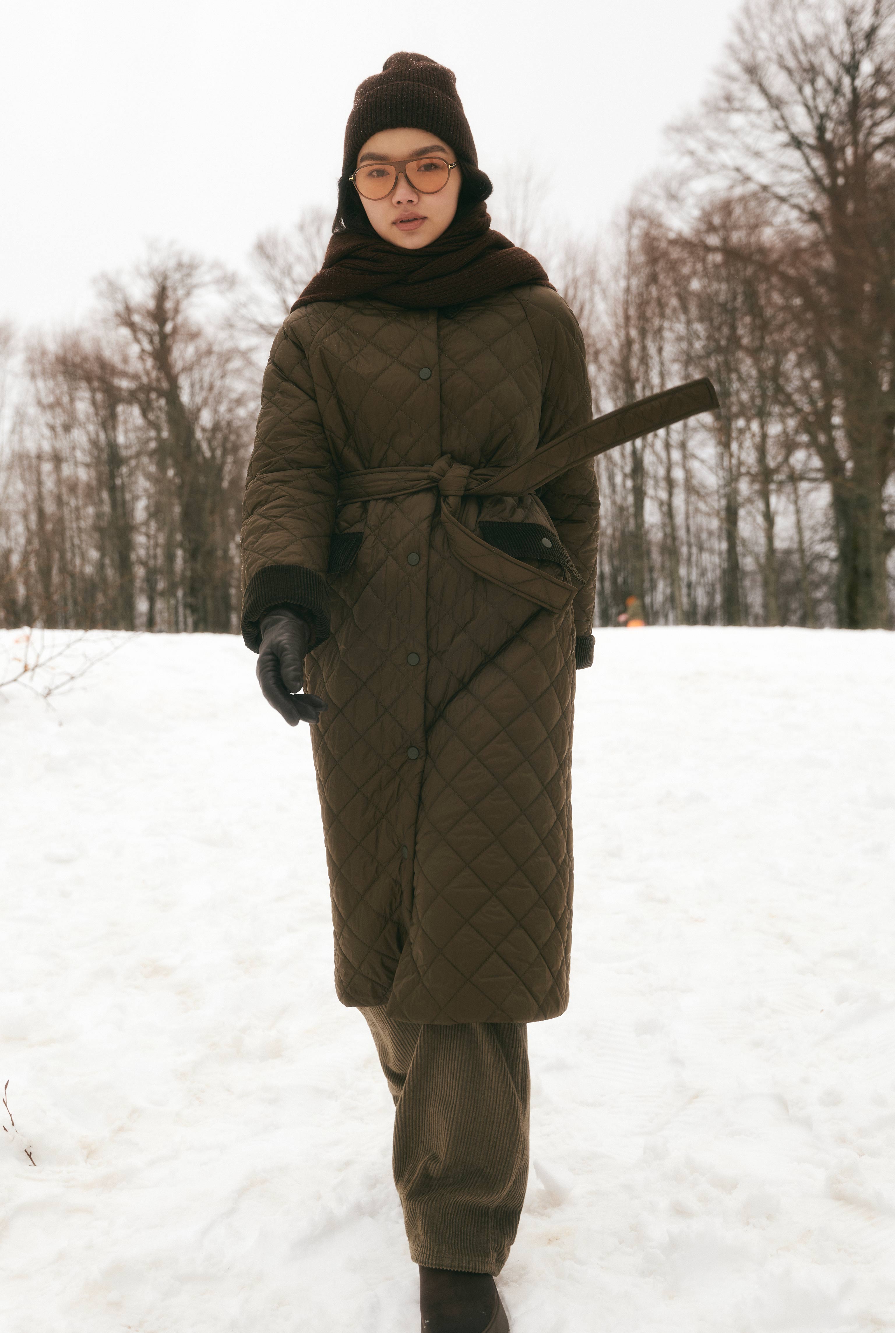 Long Quilted Coat Dark Khaki - 11