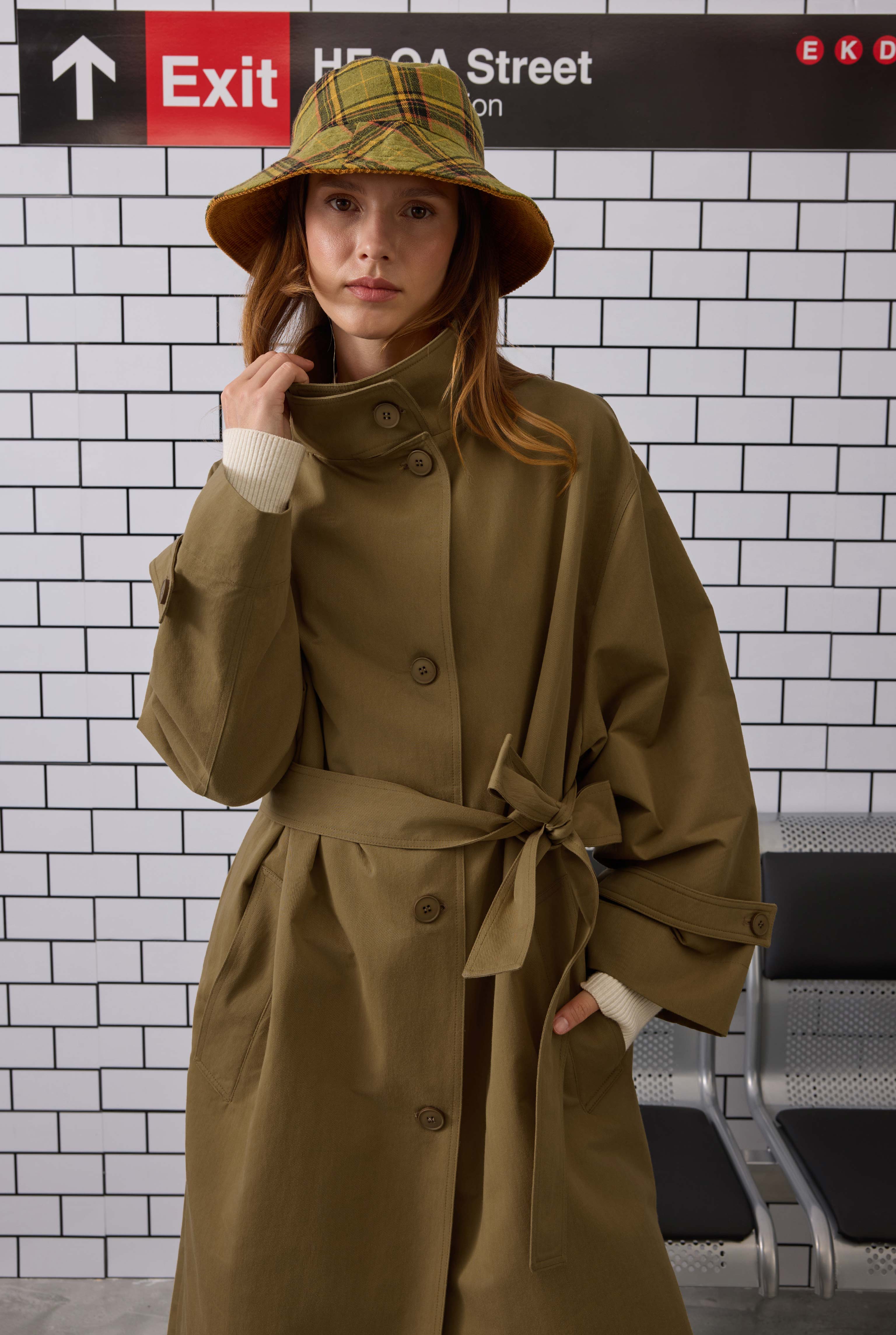 Funnel Neck Long Trenchcoat Olive - 2