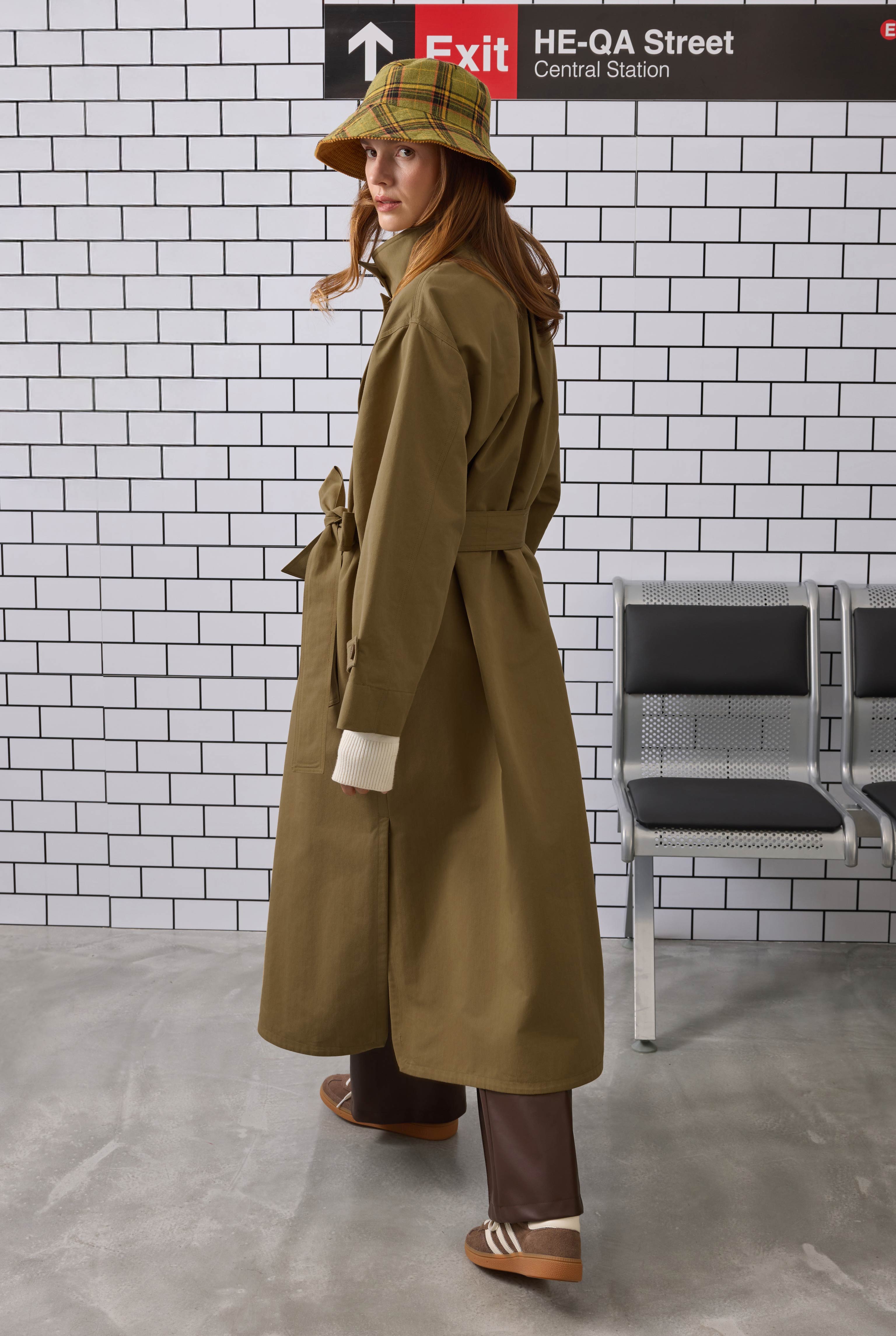 Funnel Neck Long Trenchcoat Olive - 3