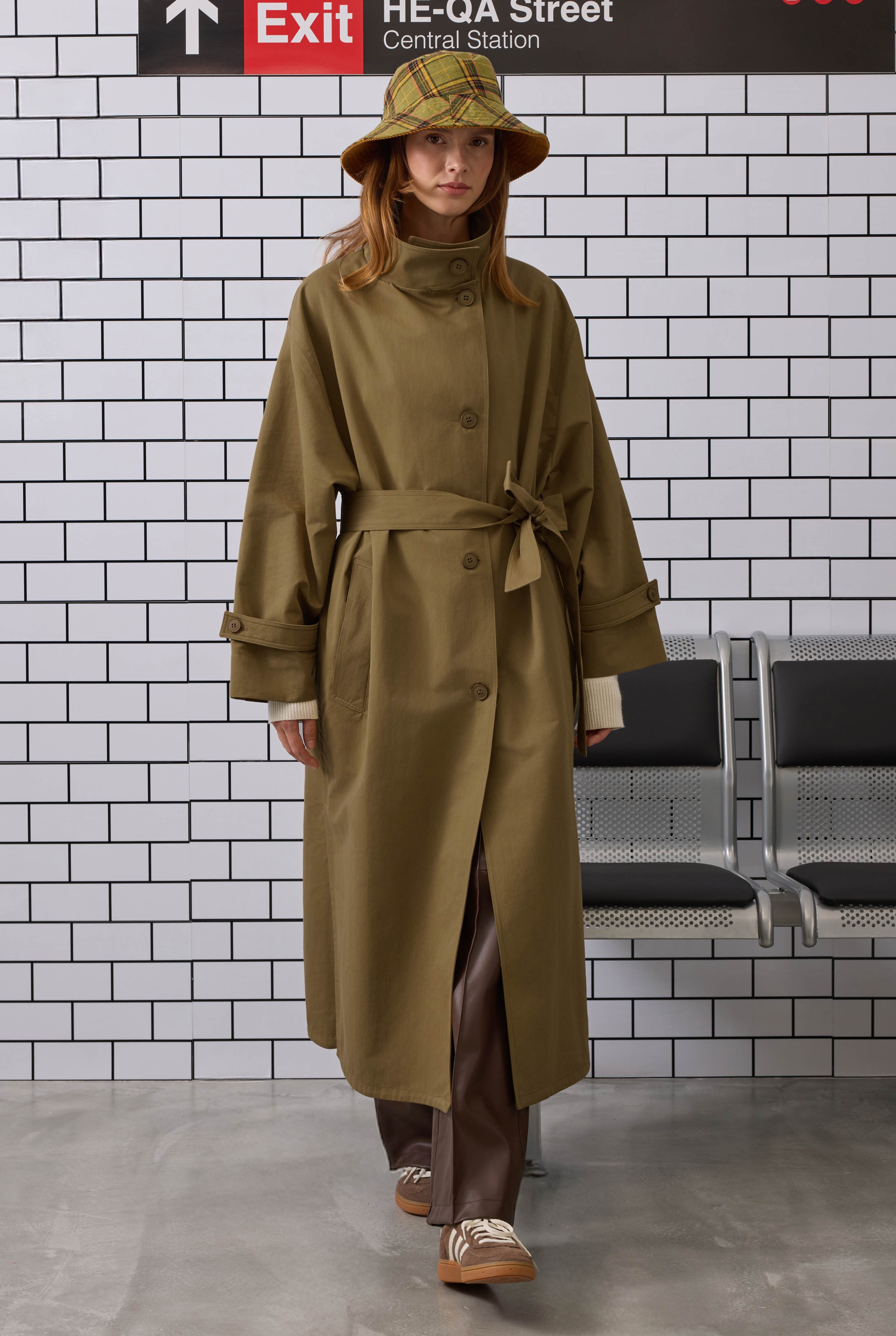 Funnel Neck Long Trenchcoat Olive - 5