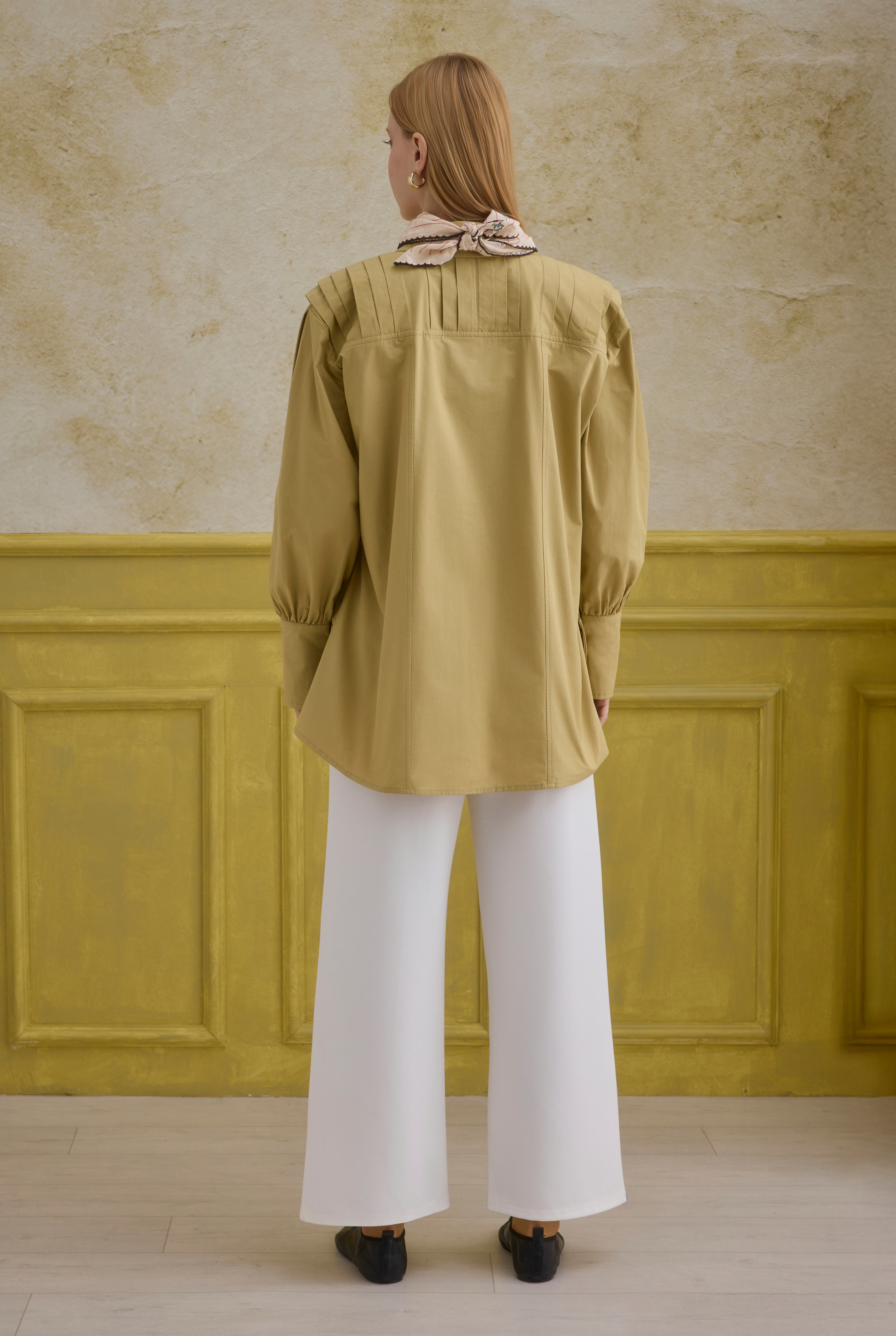 Back Pleat Detailed Cotton Shirt Honey - 4