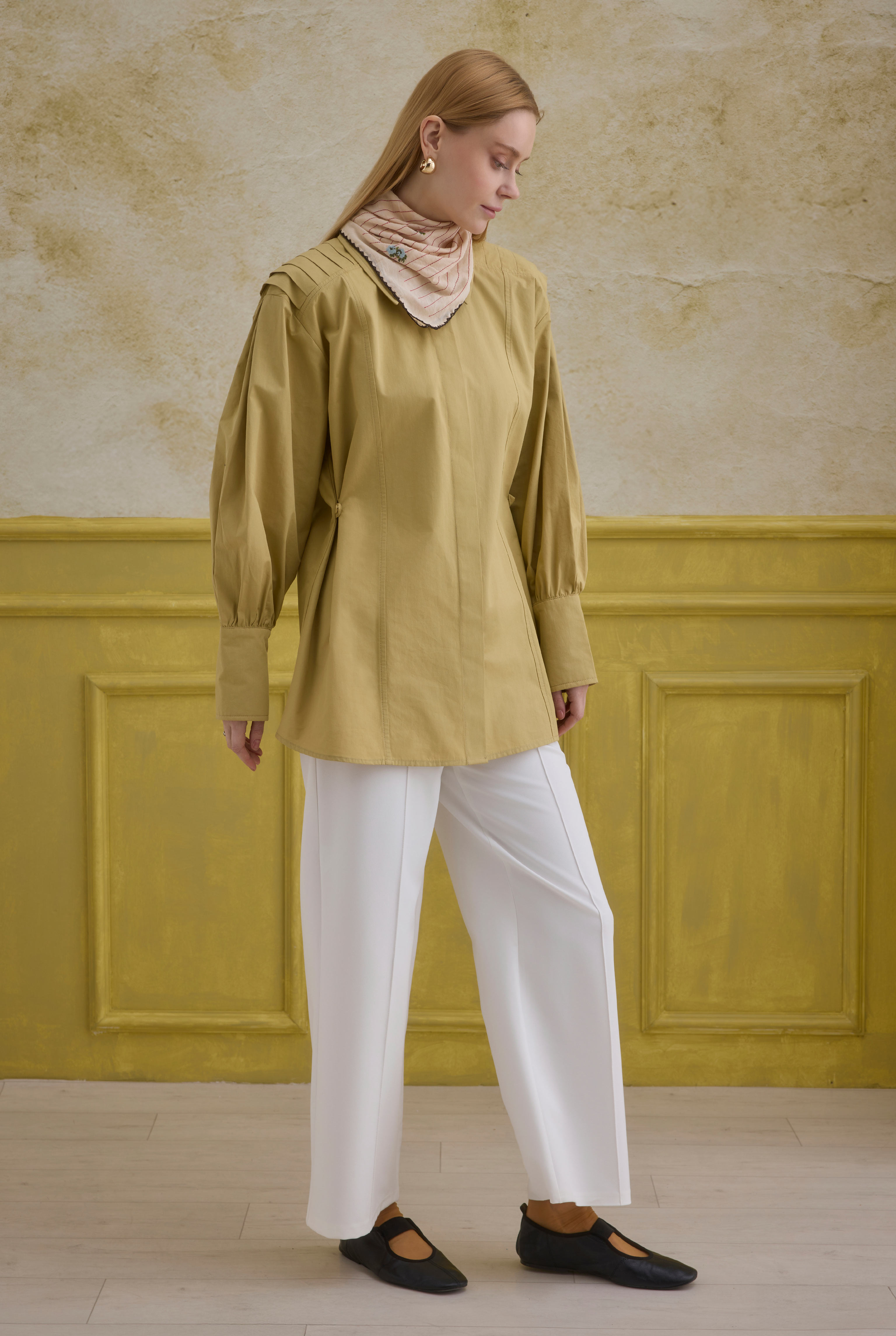 Back Pleat Detailed Cotton Shirt Honey - 3
