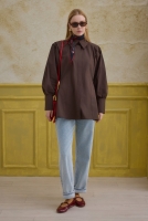 Back Pleat Detailed Cotton Shirt Brown 