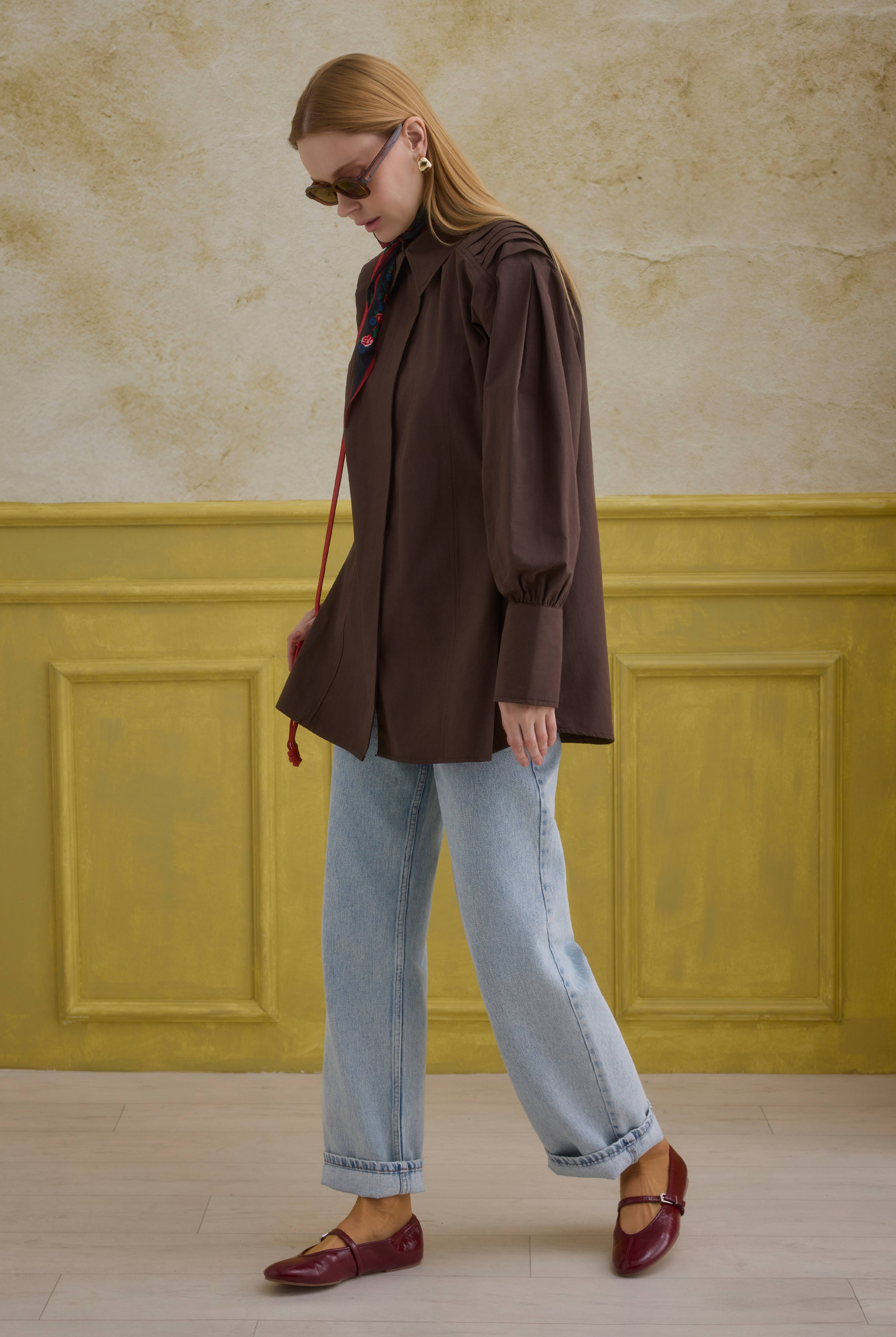 Back Pleat Detailed Cotton Shirt Brown - 2