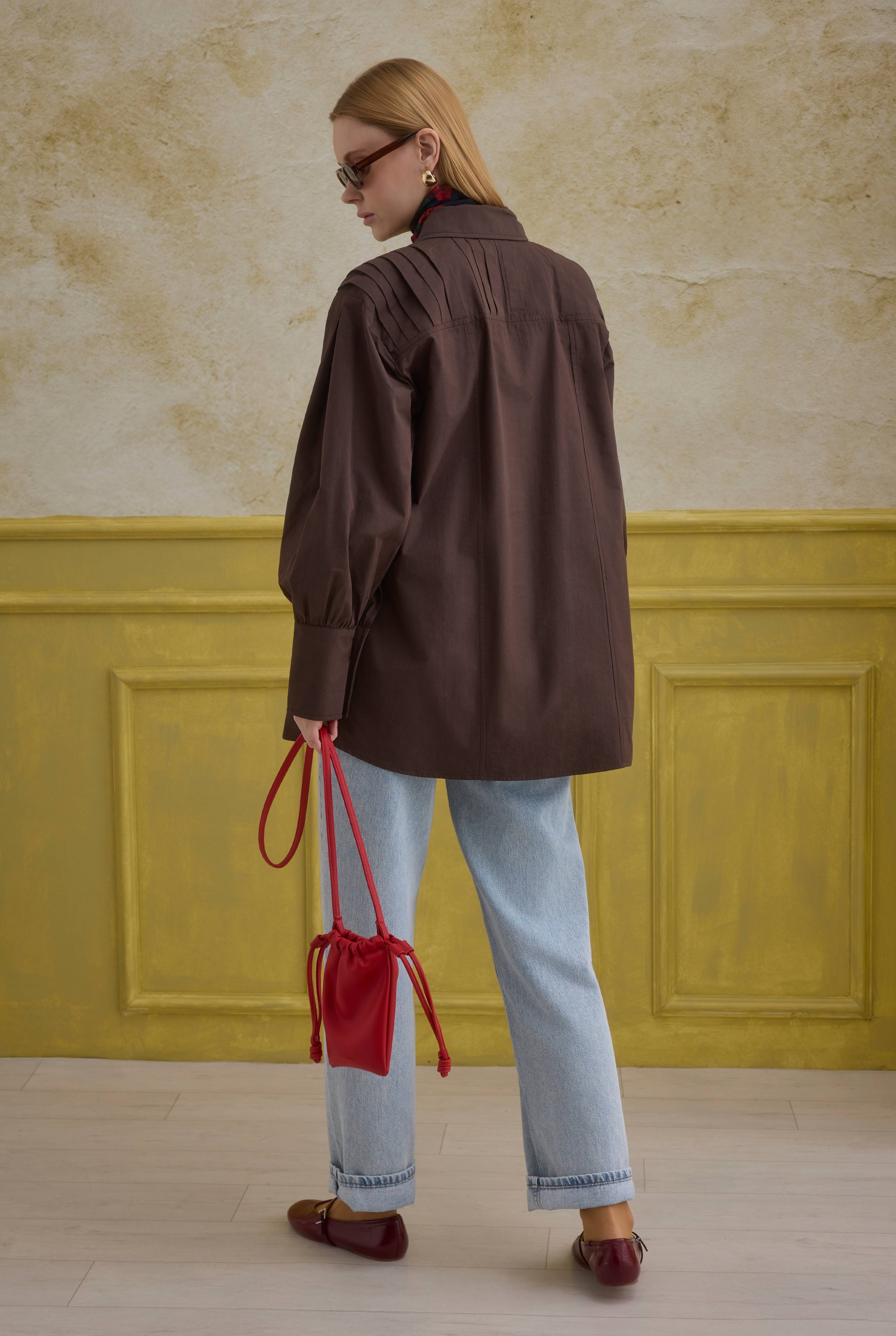 Back Pleat Detailed Cotton Shirt Brown - 5