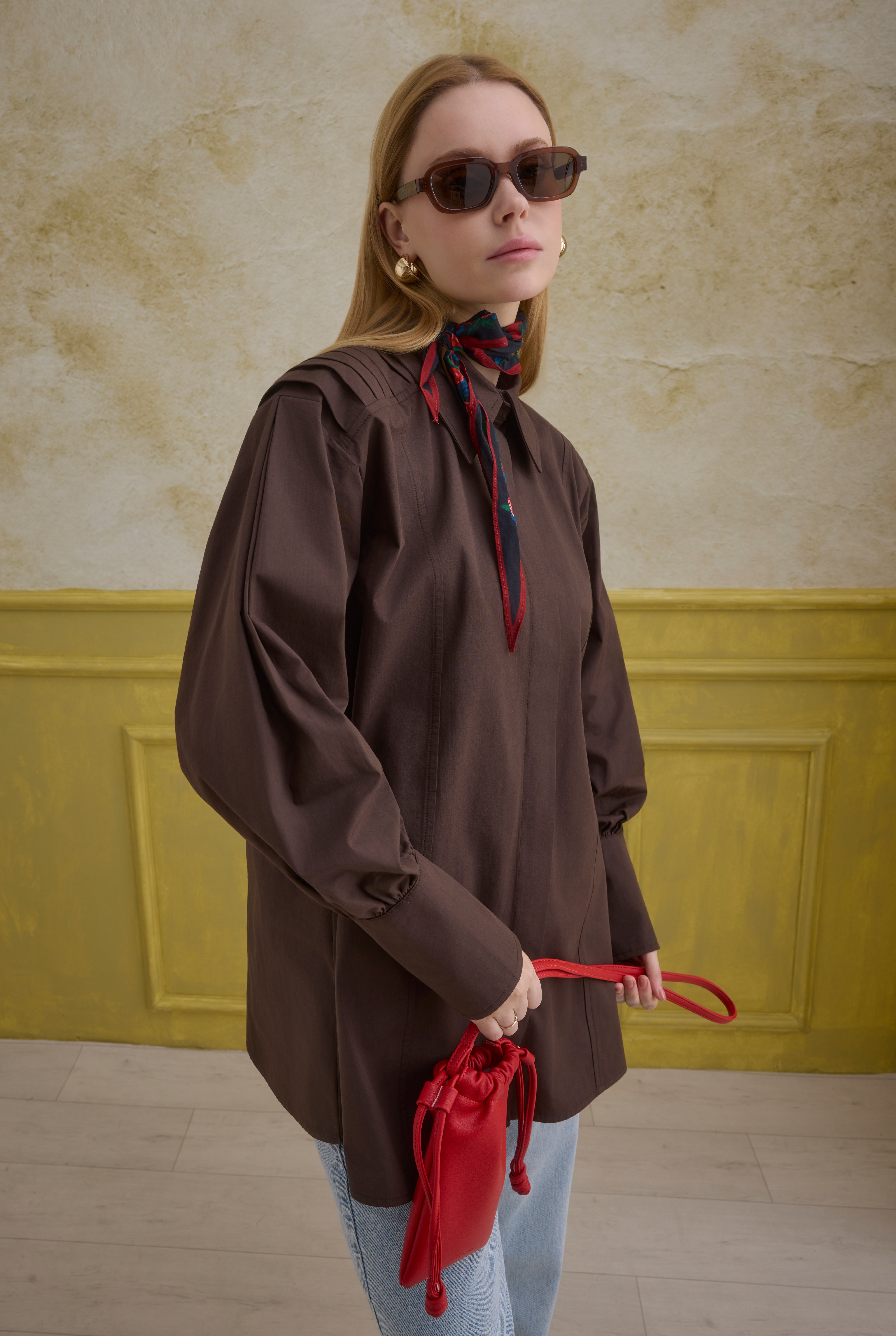Back Pleat Detailed Cotton Shirt Brown - 3