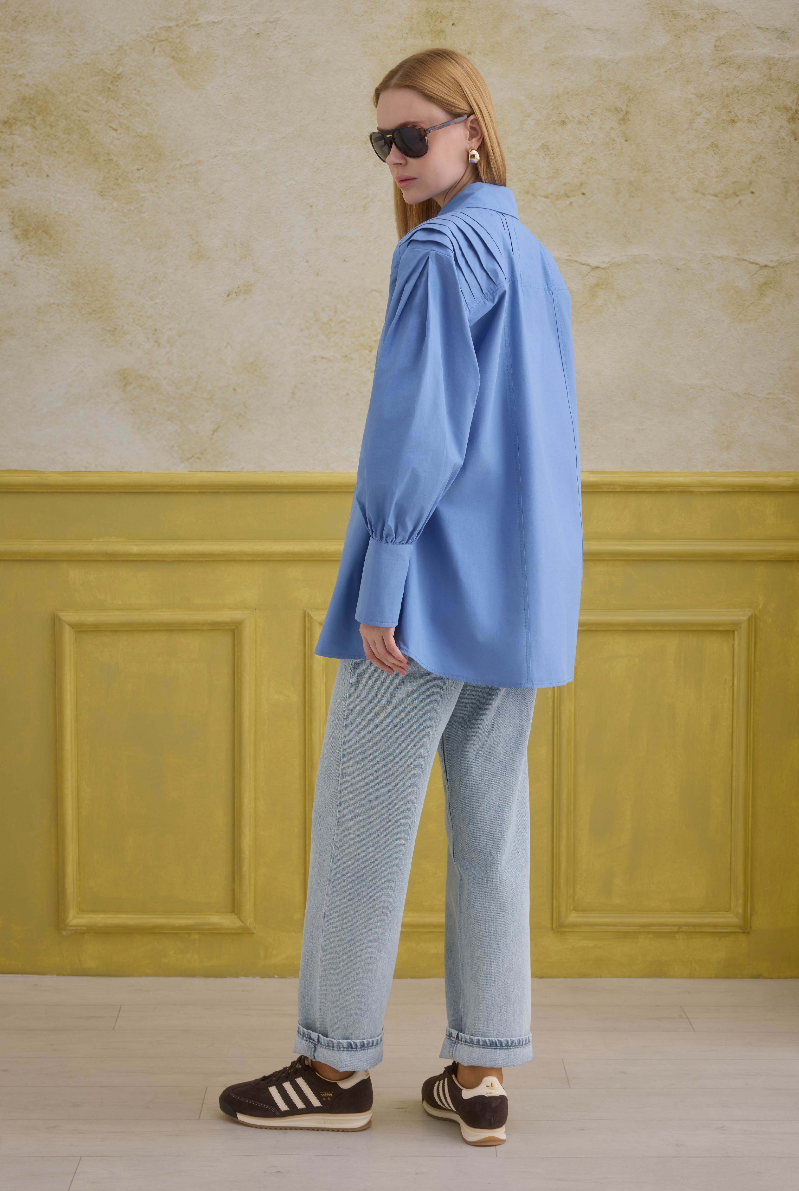 Back Pleat Detailed Cotton Shirt Blue - 6