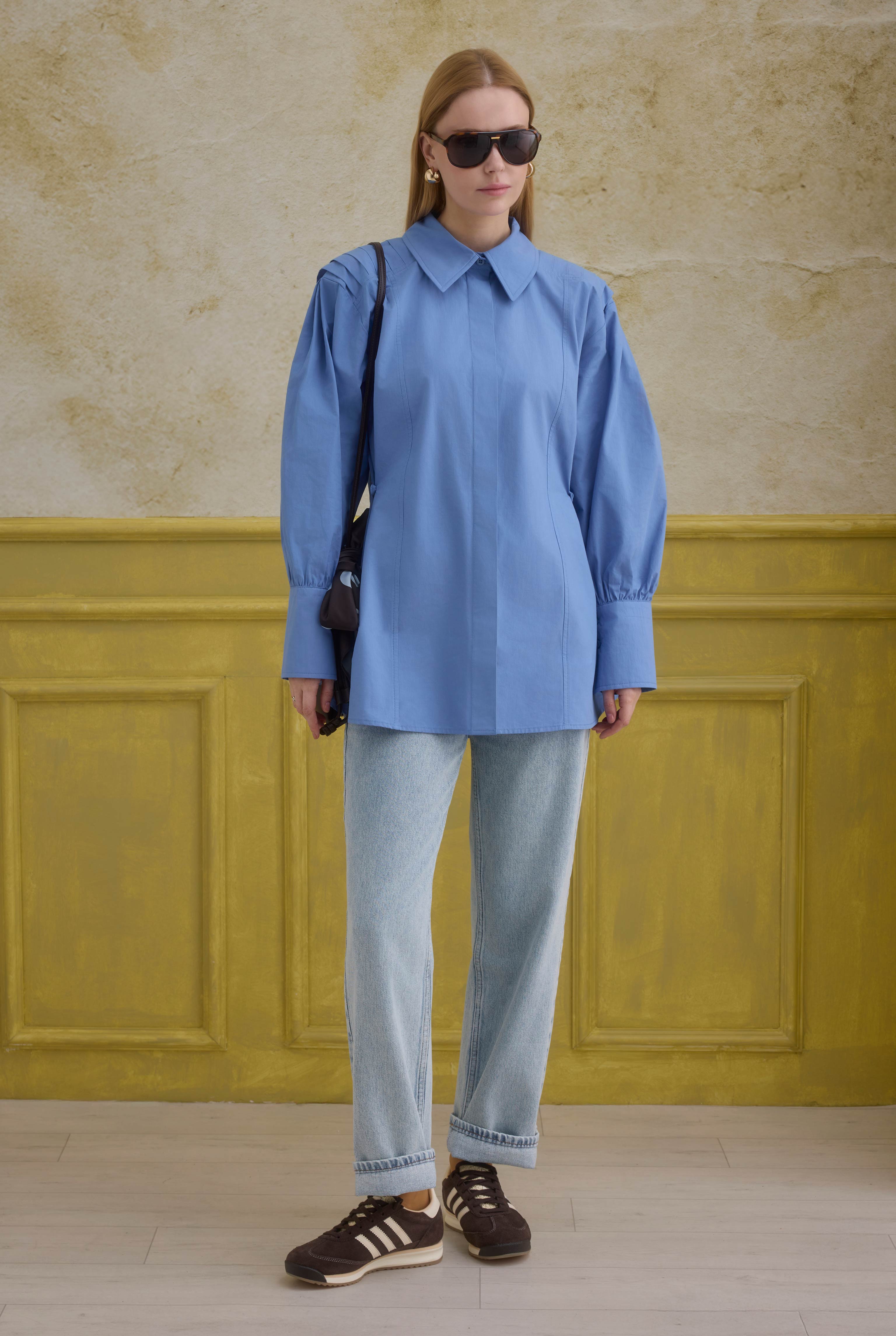 Back Pleat Detailed Cotton Shirt Blue - HE-QA