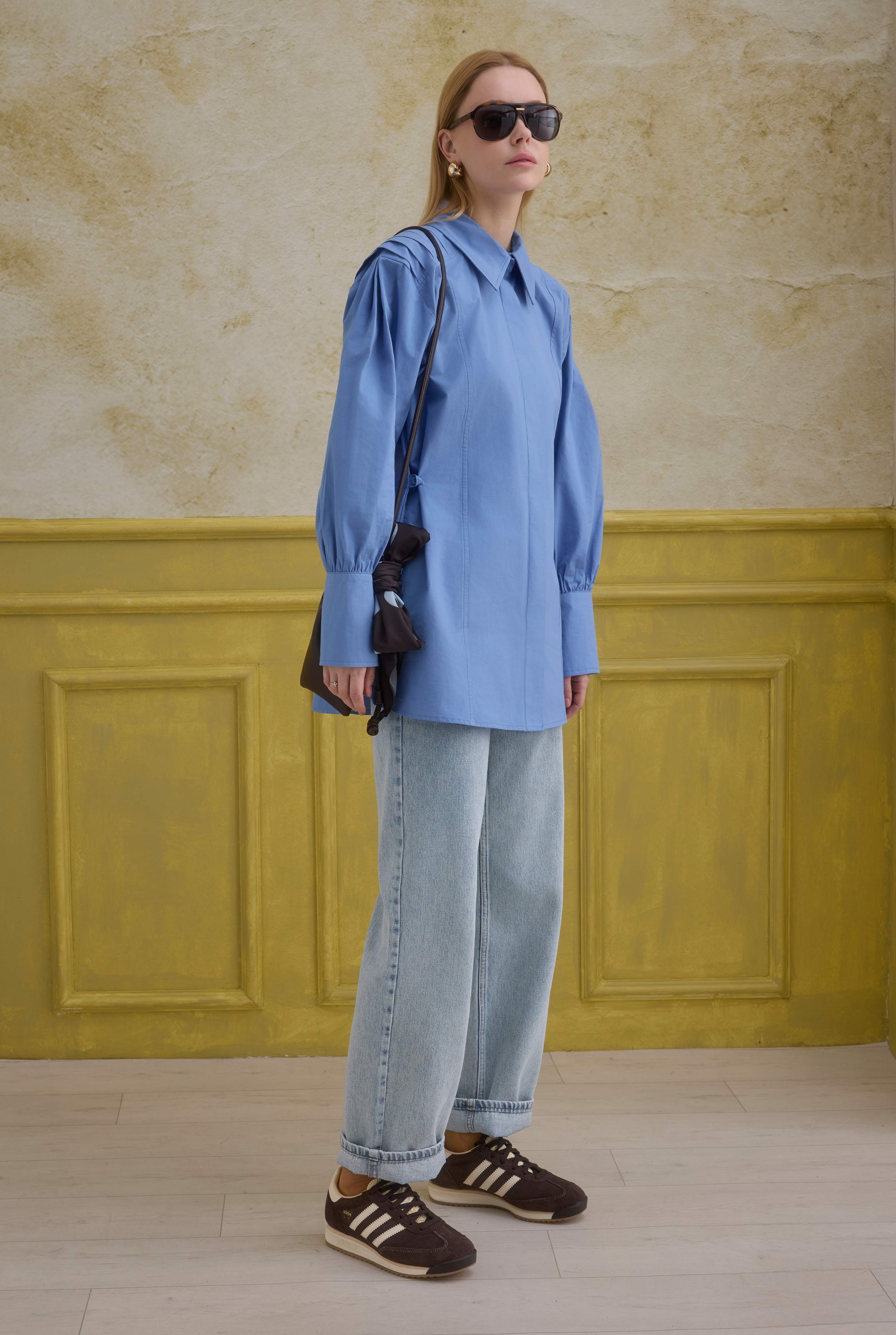 Back Pleat Detailed Cotton Shirt Blue - 3