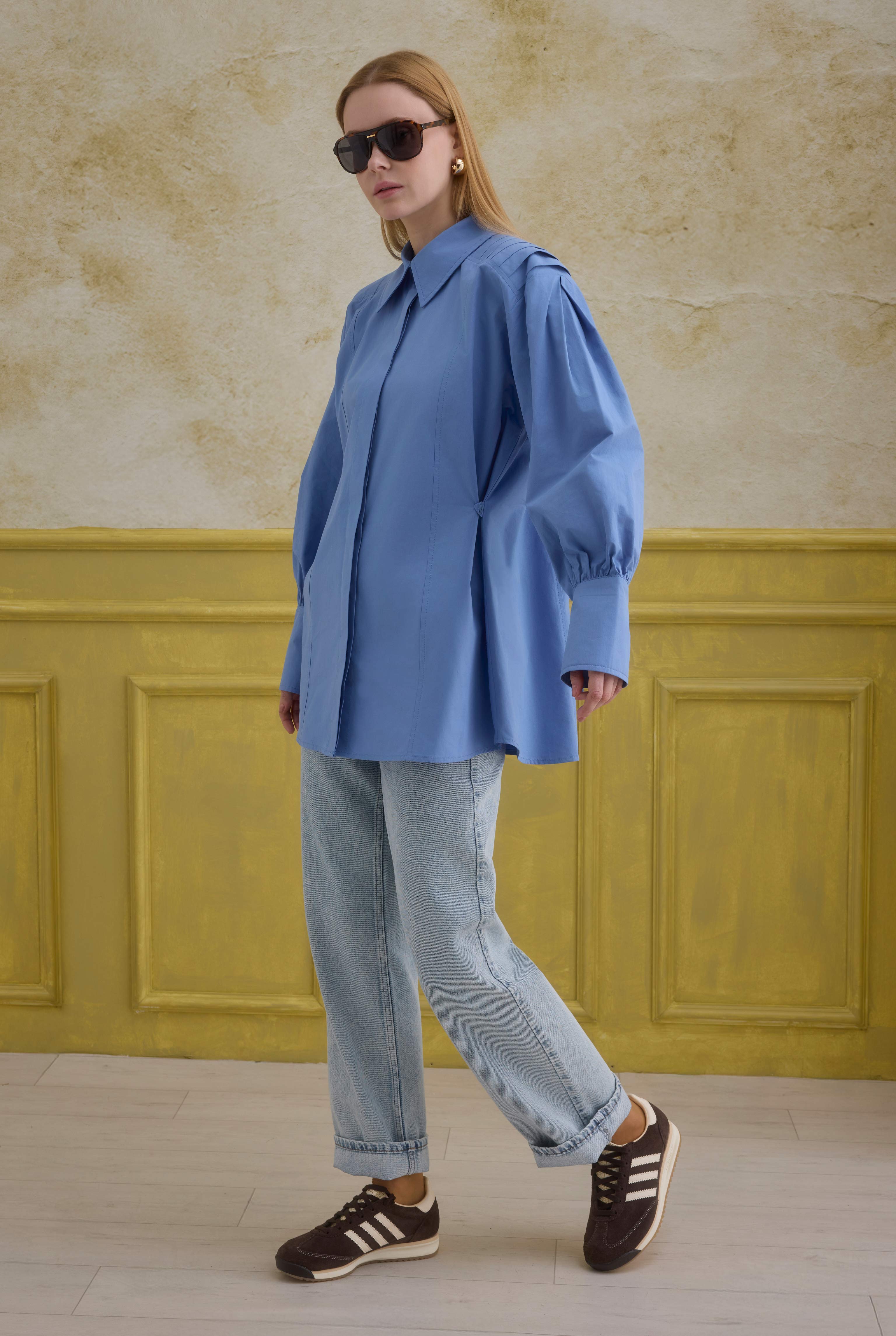 Back Pleat Detailed Cotton Shirt Blue - 4