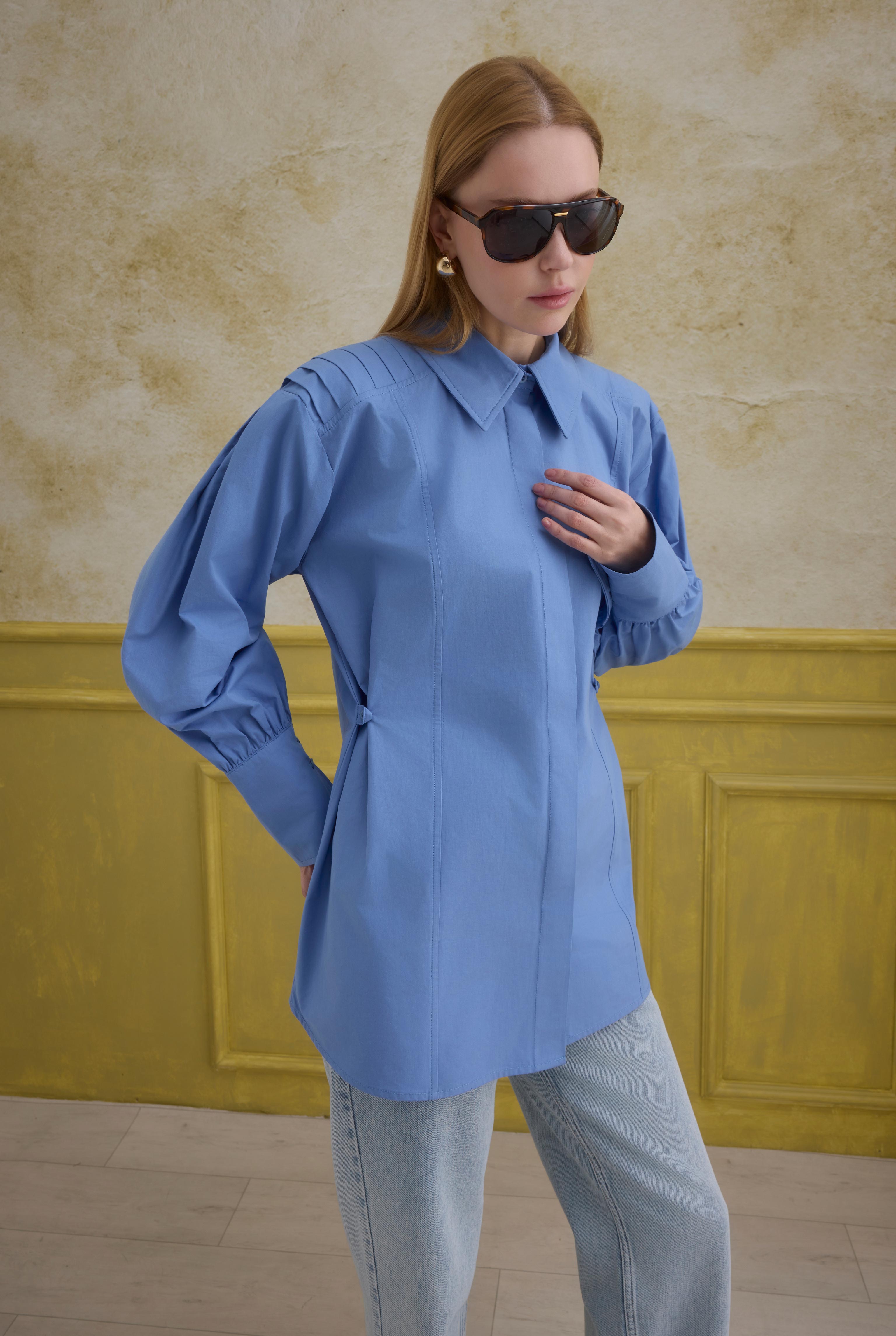 Back Pleat Detailed Cotton Shirt Blue - 5
