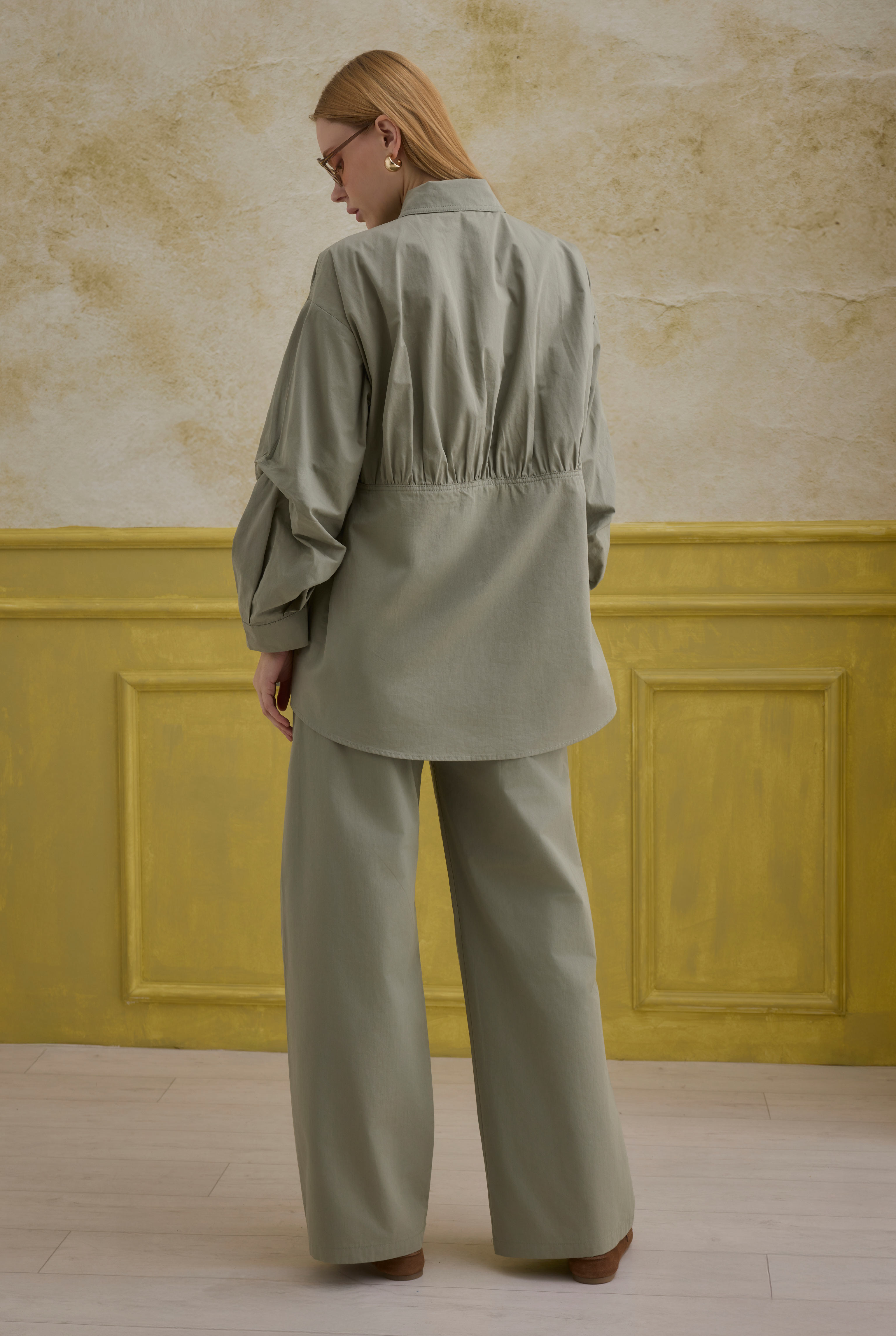 Sleeve Detailed Cotton Shirt Sage Green - 6